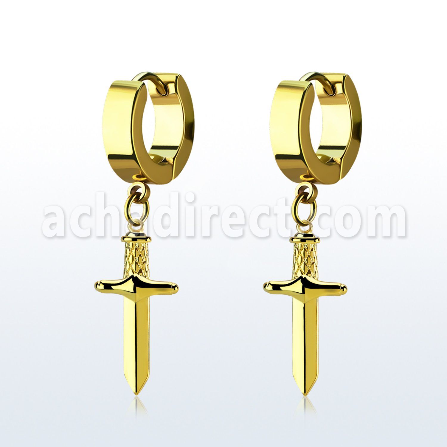 erg768 gold stainless steel huggies w a dangling dagger 