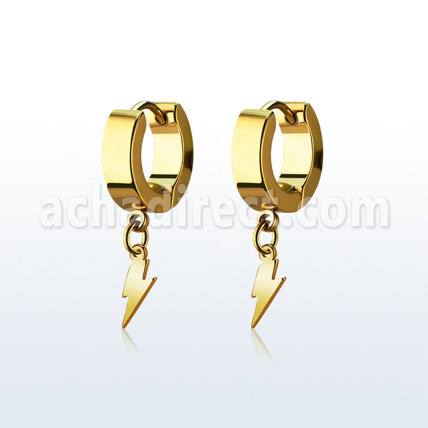 erglit gold steel huggie earring w dangling lightning symbol