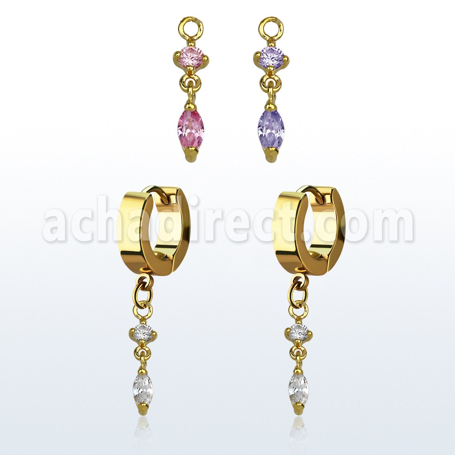 ergz522 gold steel huggies earrings w dangling oval cz
