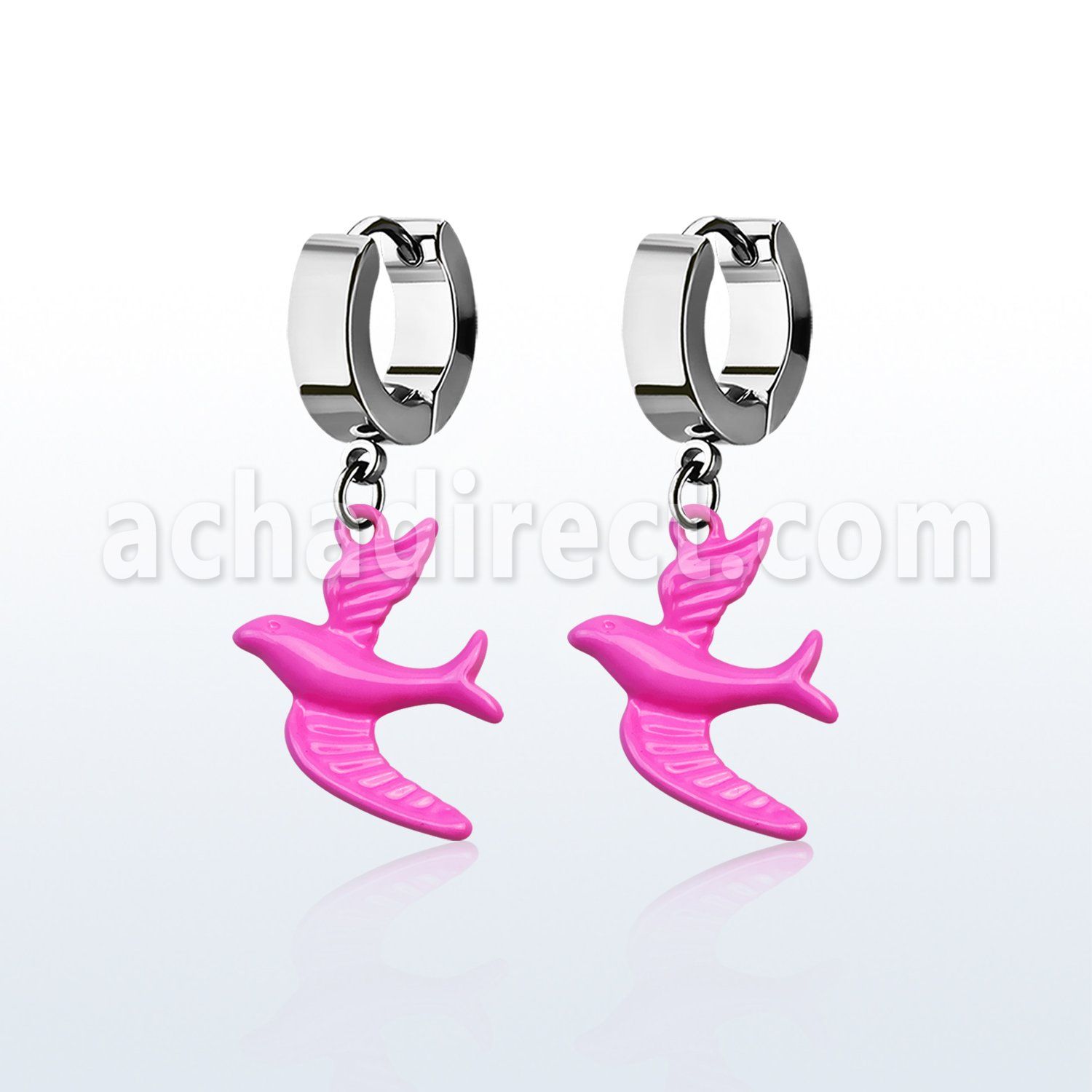 erh454 steel huggies earrings w dangling pink color bird