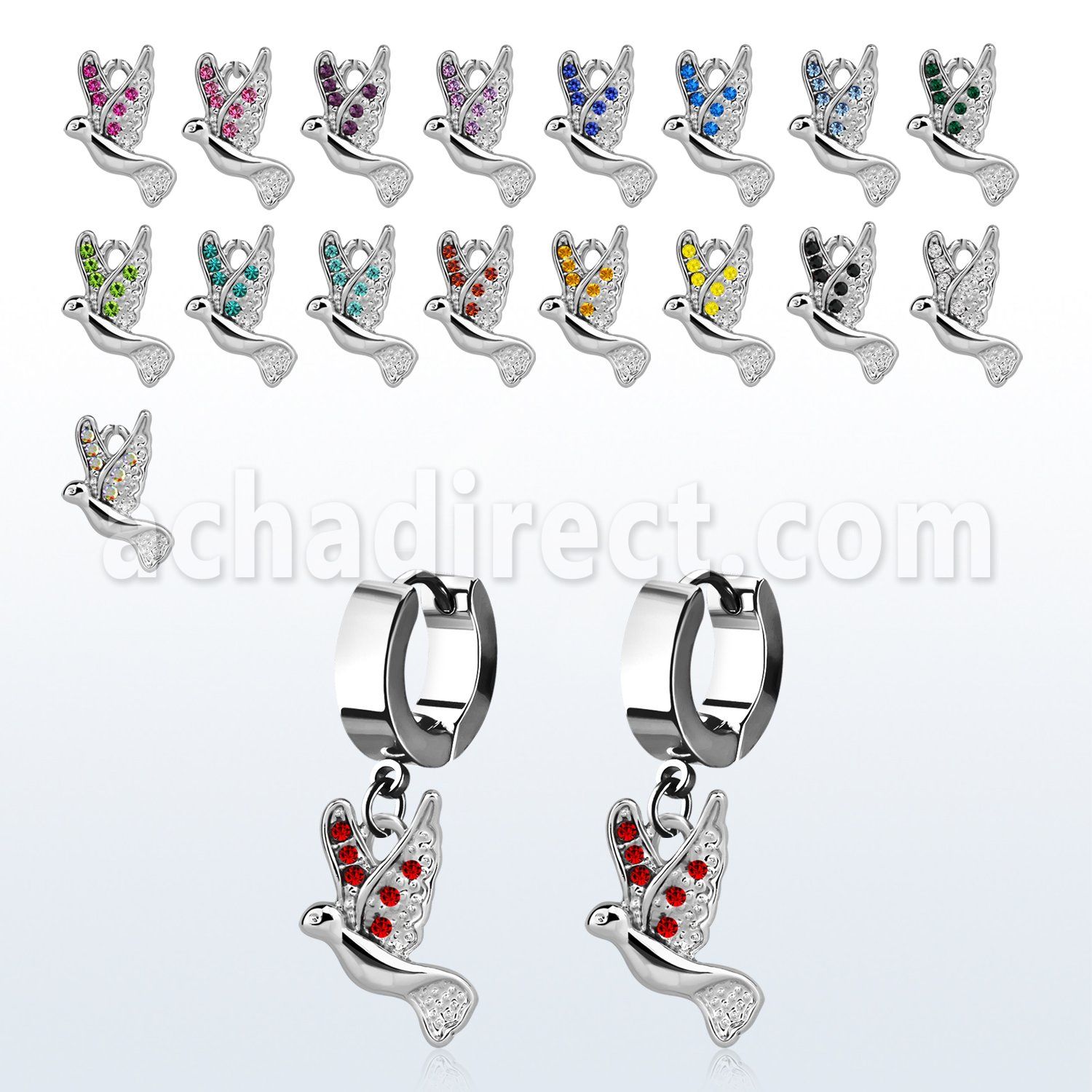 erh550 steel huggies earrings w dangling dove w tiny crystals