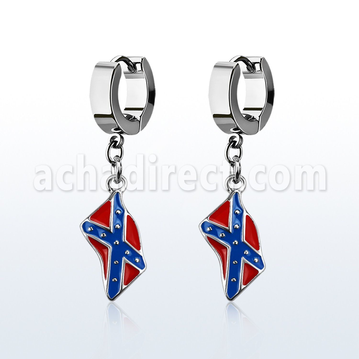 erh553 steel huggies earrings w dangling confederate flag