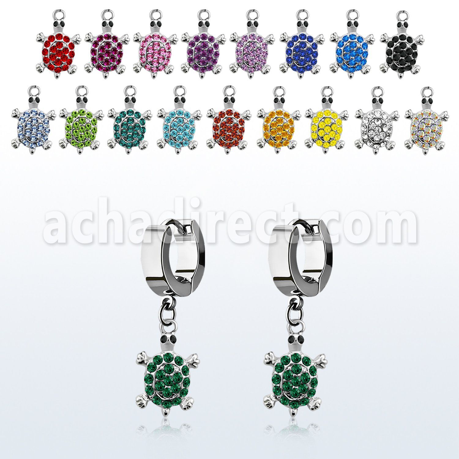 erh574 steel huggies earrings w dangling crystal turtle