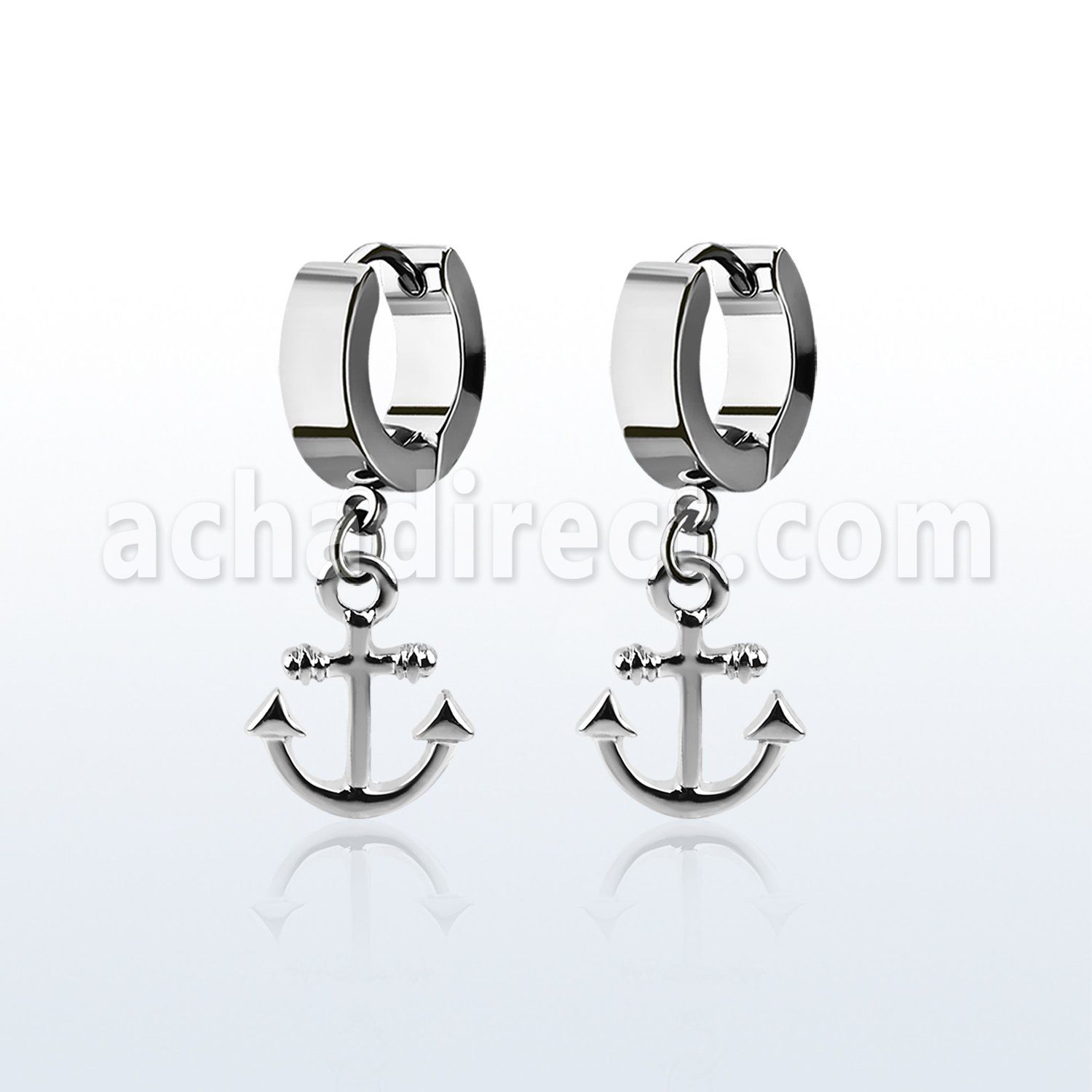 erh632 steel huggies earrings w dangling plain anchor design