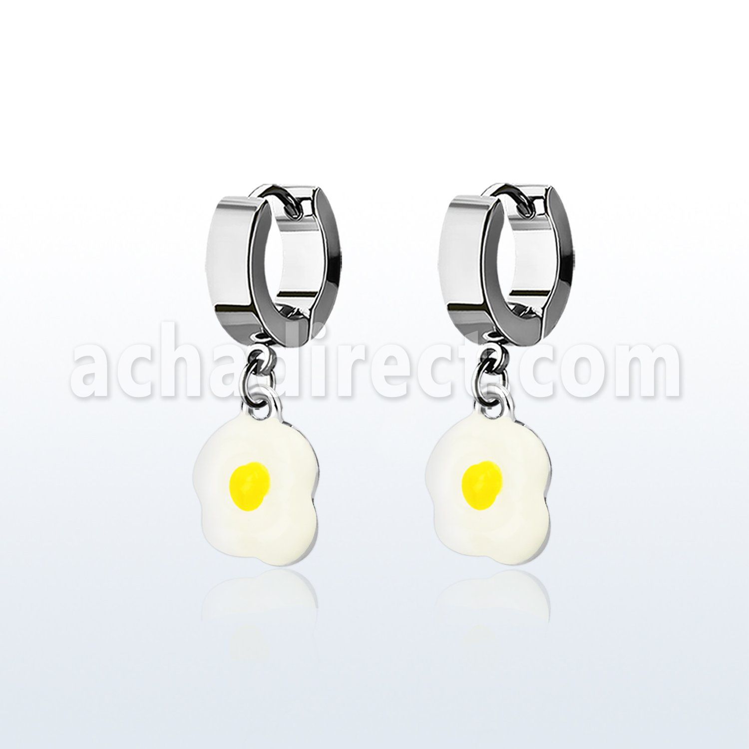 erh645a steel huggies earrings w an eggs dangling
