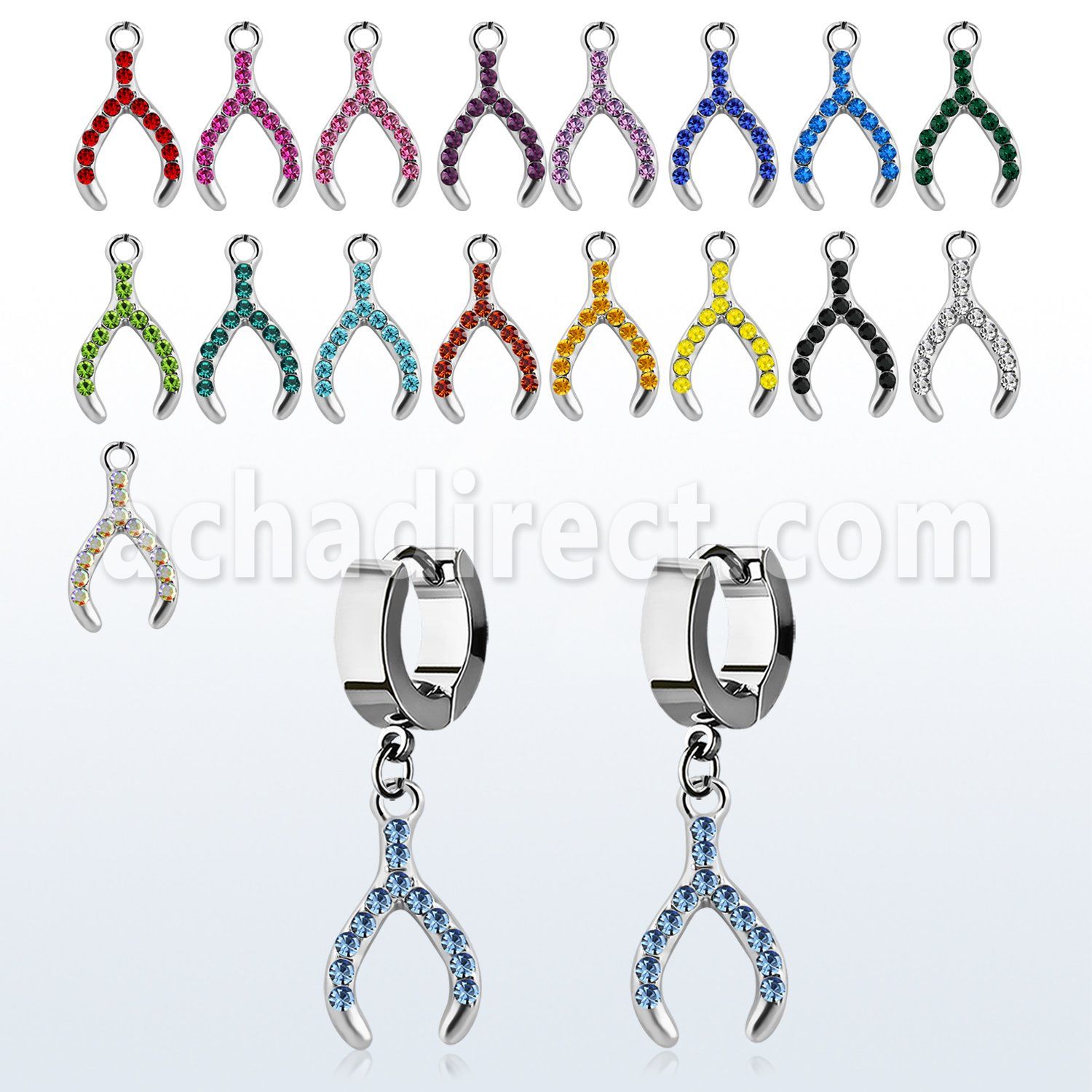 erh669 steel huggies earrings w dangling crystal wish bone