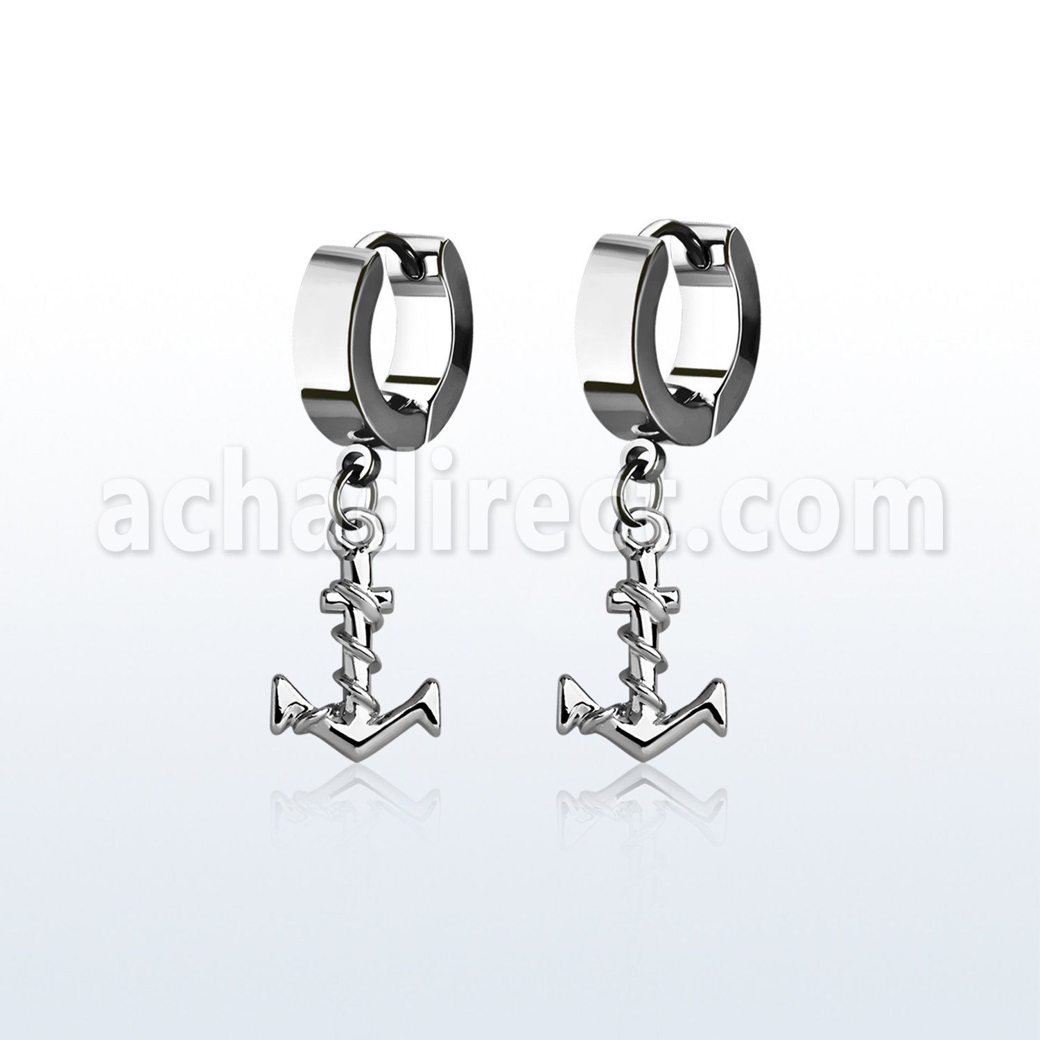 erh699 steel huggies earrings w dangling plain anchor w rope