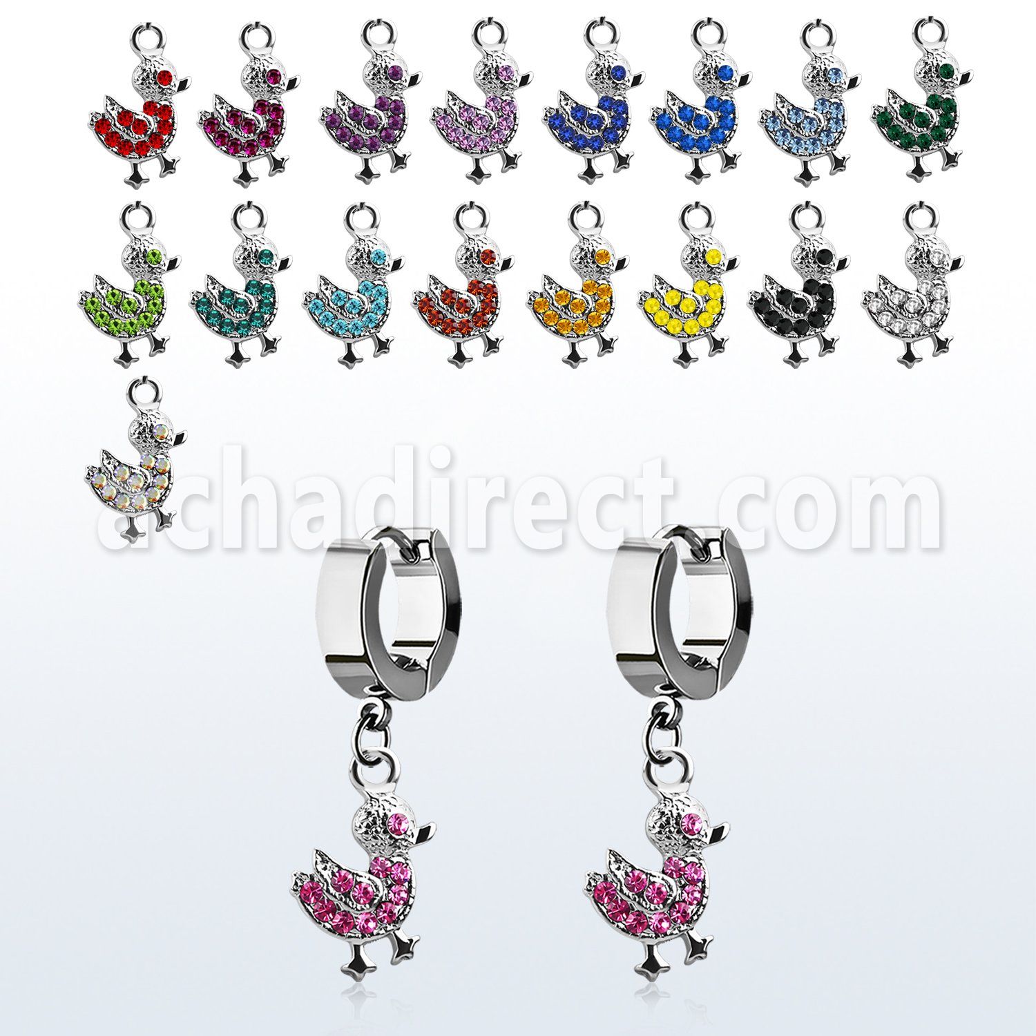 erhdk2 steel huggies earrings w dangling crystal duck 