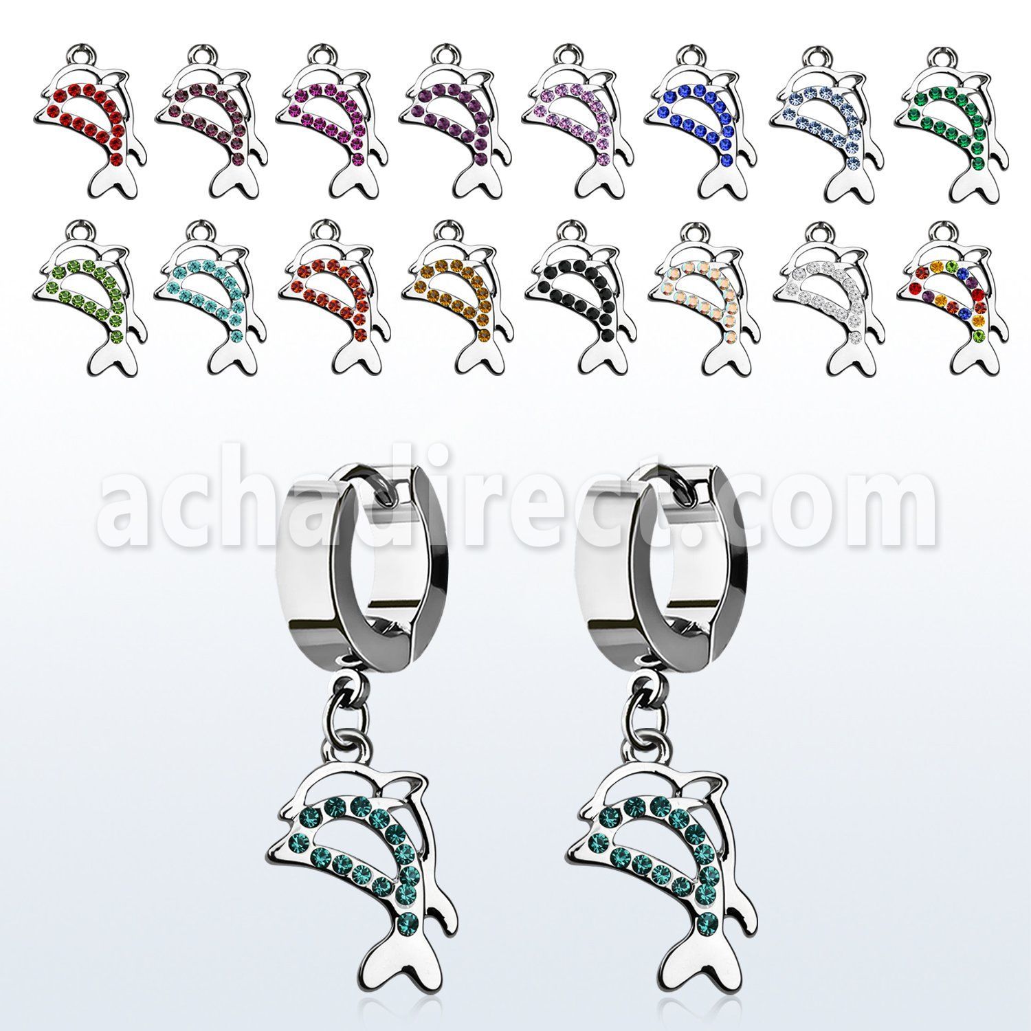 erhdp17 steel huggies earrings w dangling crystal twin dolphins