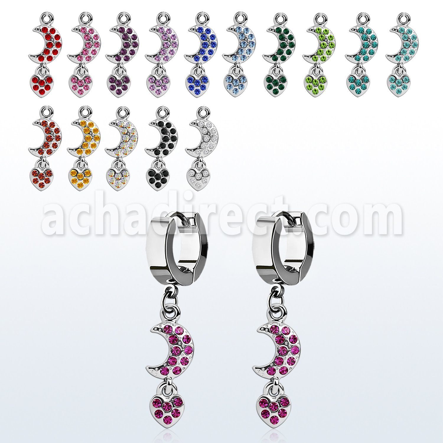 erhmh steel huggies earrings w dangling moon w heart