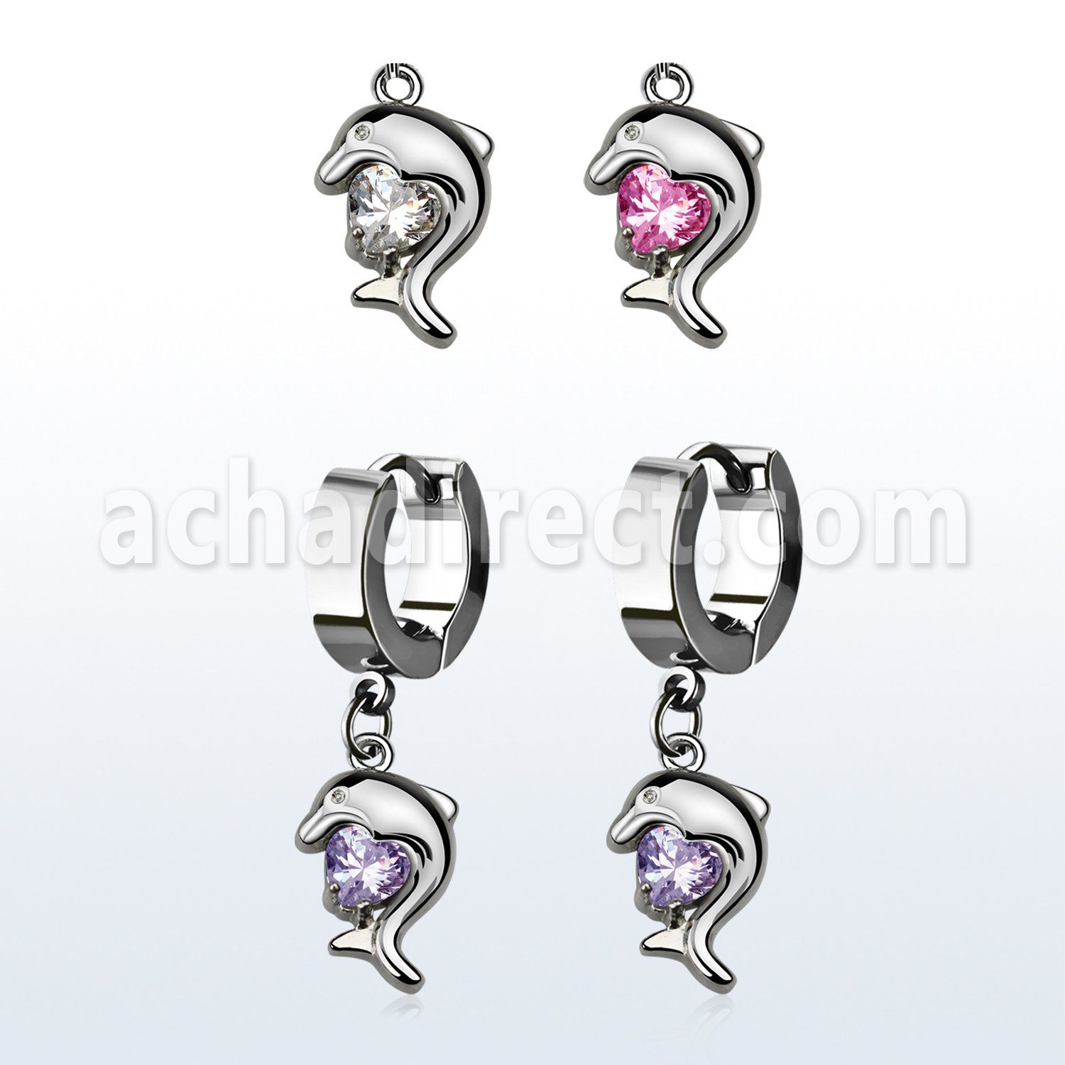 erhz300 steel huggies earrings w dangling dolphin design w cz