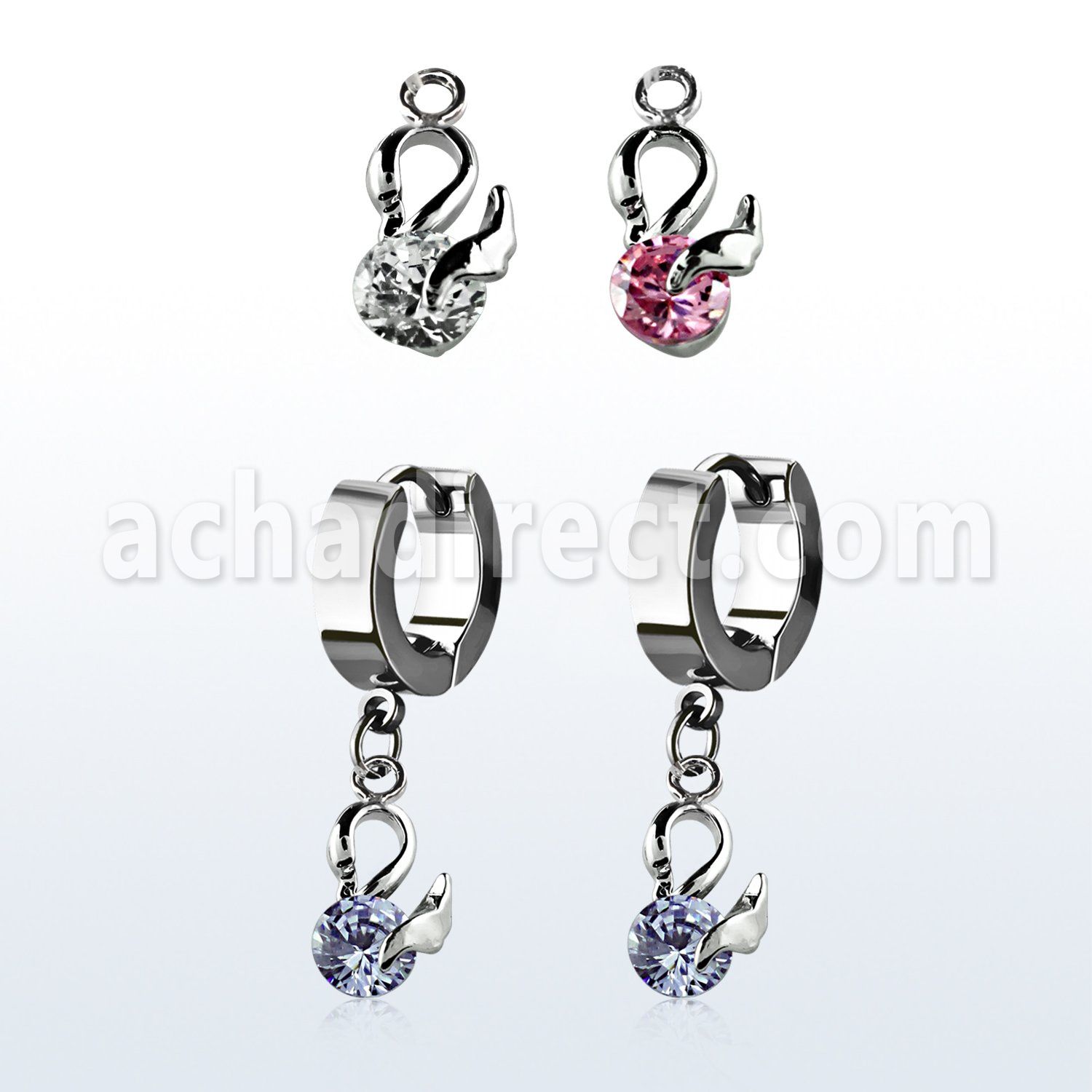 erhz376 steel huggies earrings w dangling swan design w round cz
