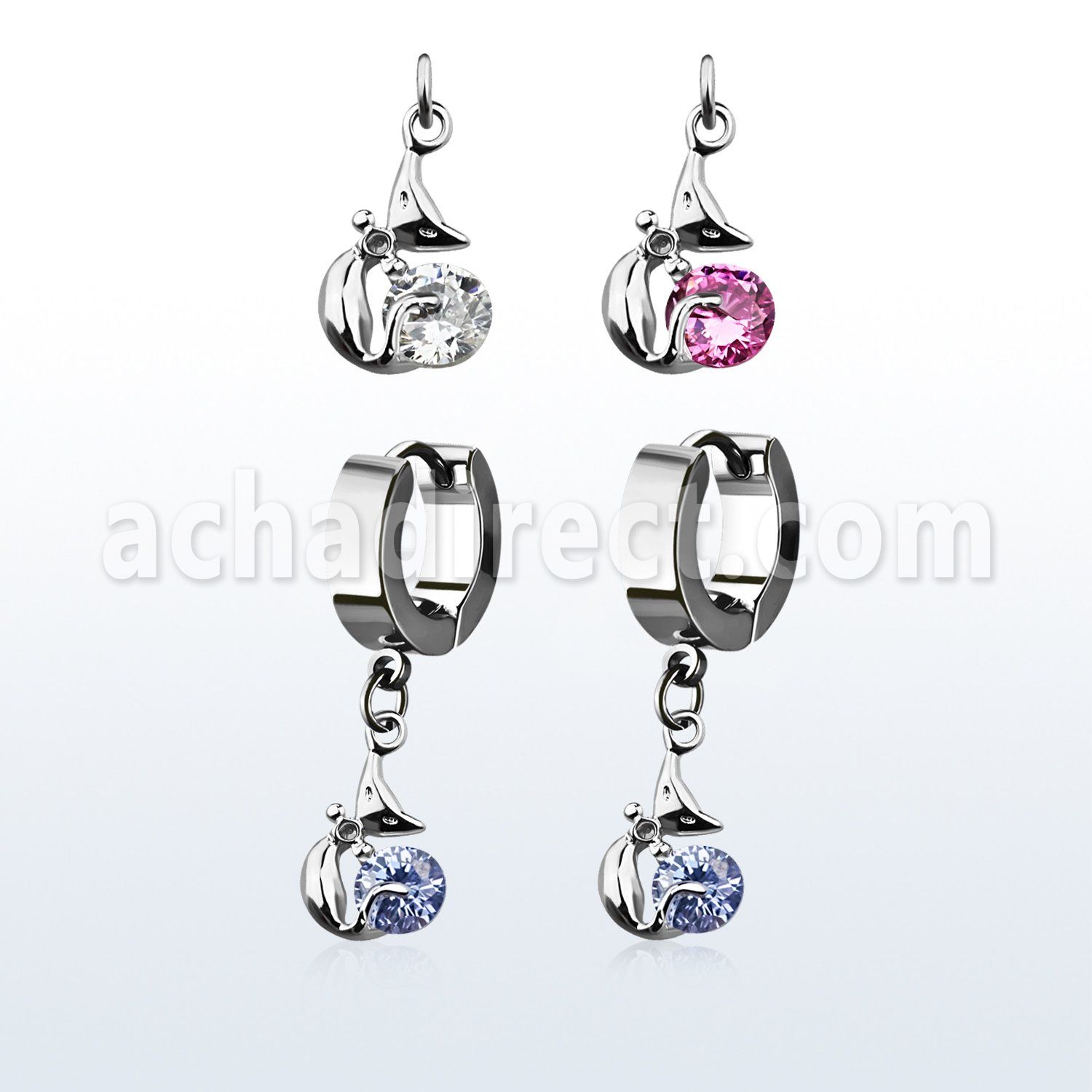 erhz378 steel huggies earrings w dangling lady cat design w cz