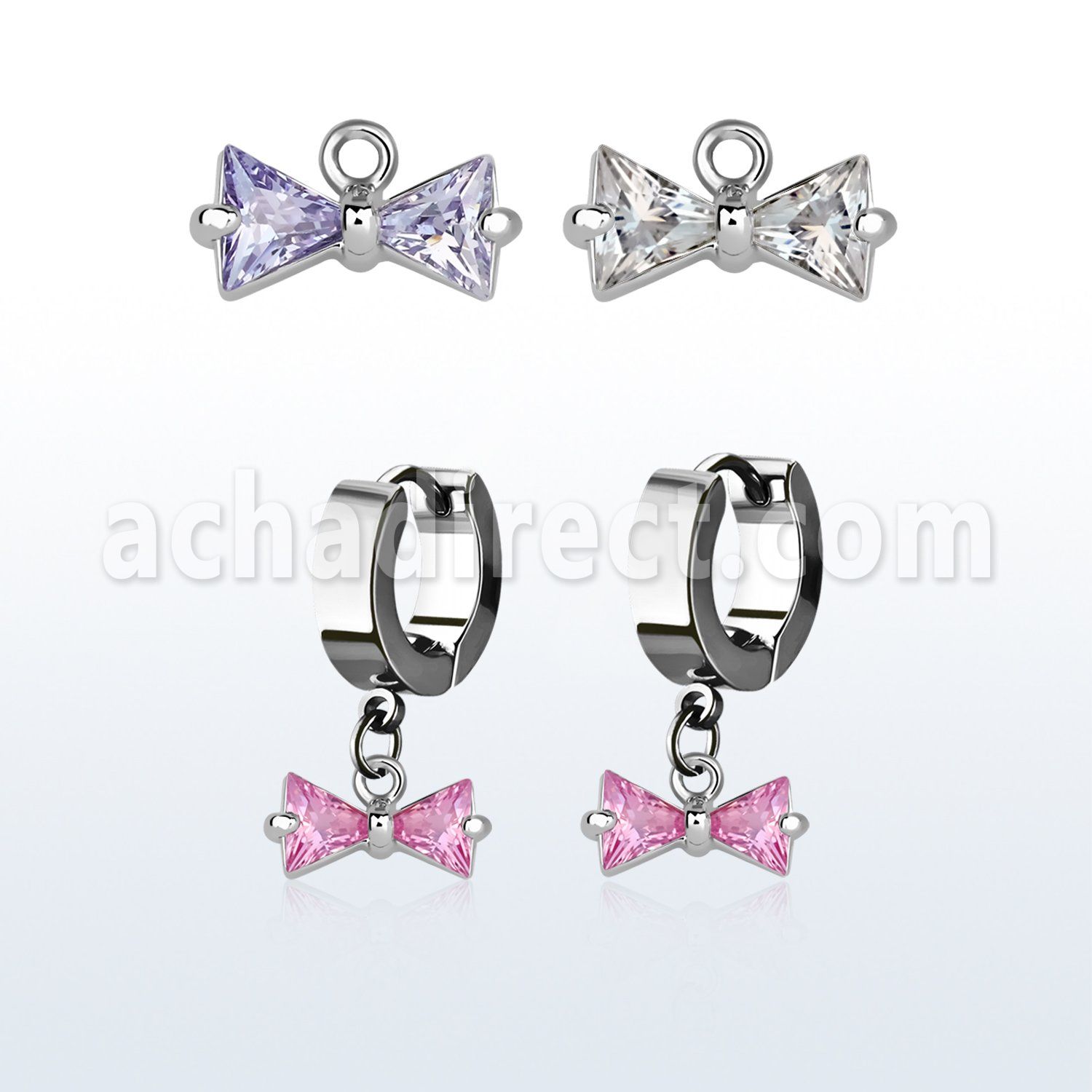 erhz408 steel huggies earrings w dangling prong set cz bow
