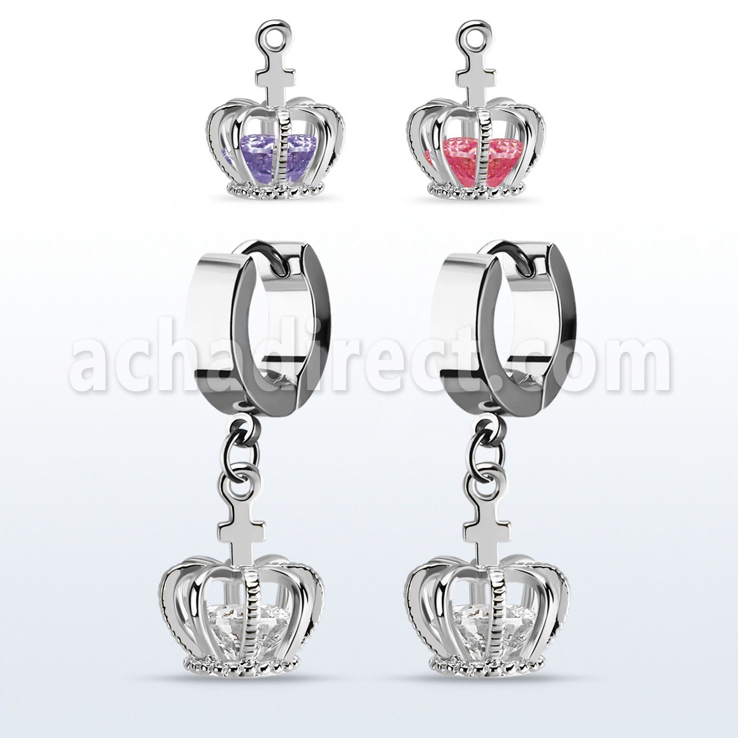 erhz590 stainless steel huggie w dangling crown w cz