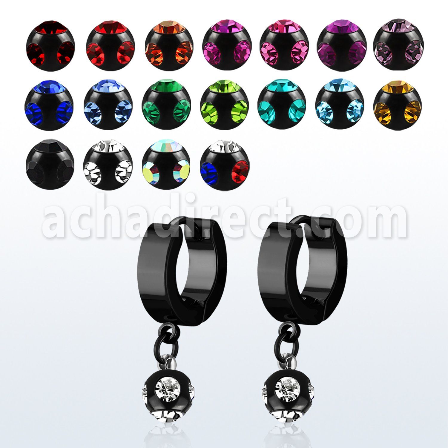 erkmjt6 black steel huggie dangling w mulit jewel ball