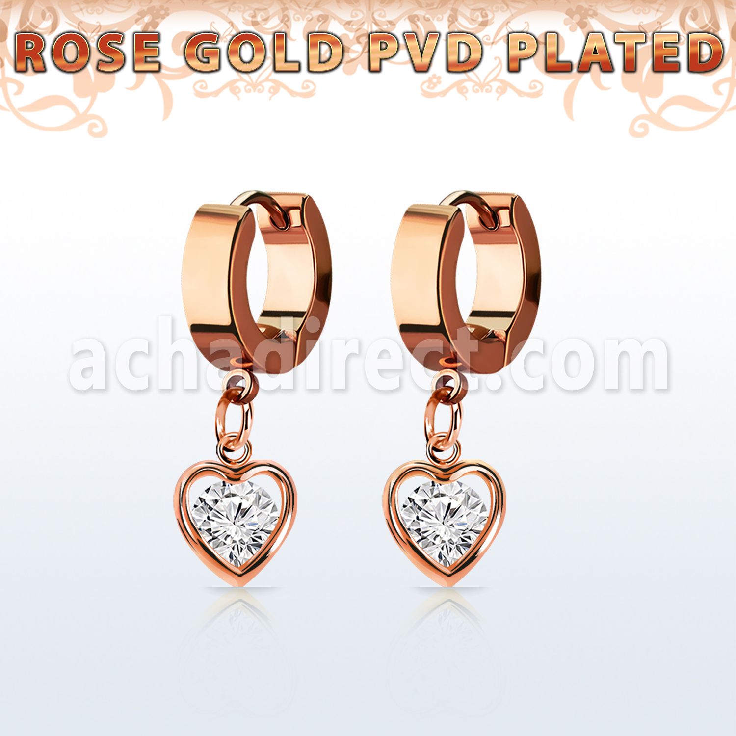 errz419 rose gold pvd plated steel huggie w dangling heart w cz