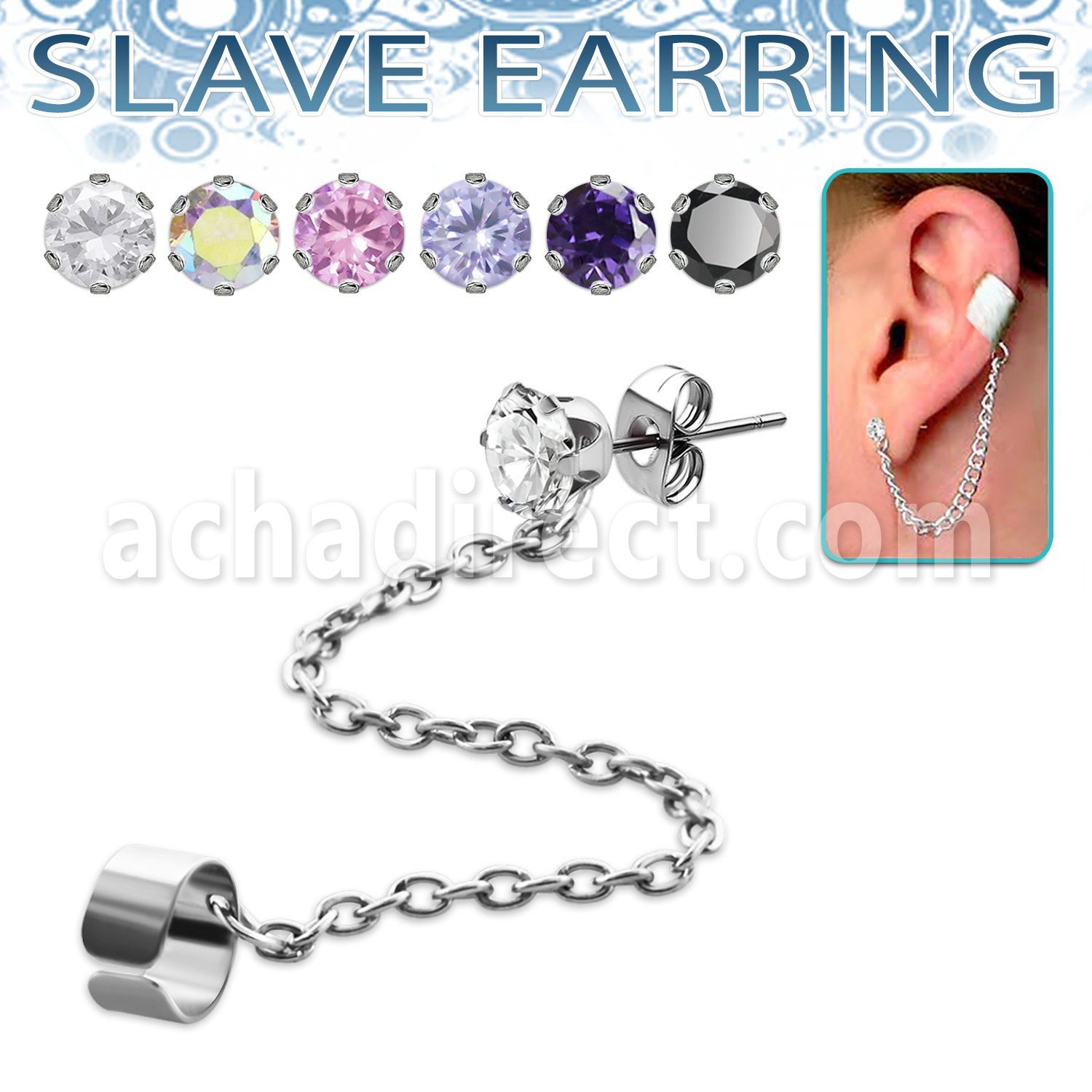 erzdl steel ear stud w prong cz connected to slave helix clip