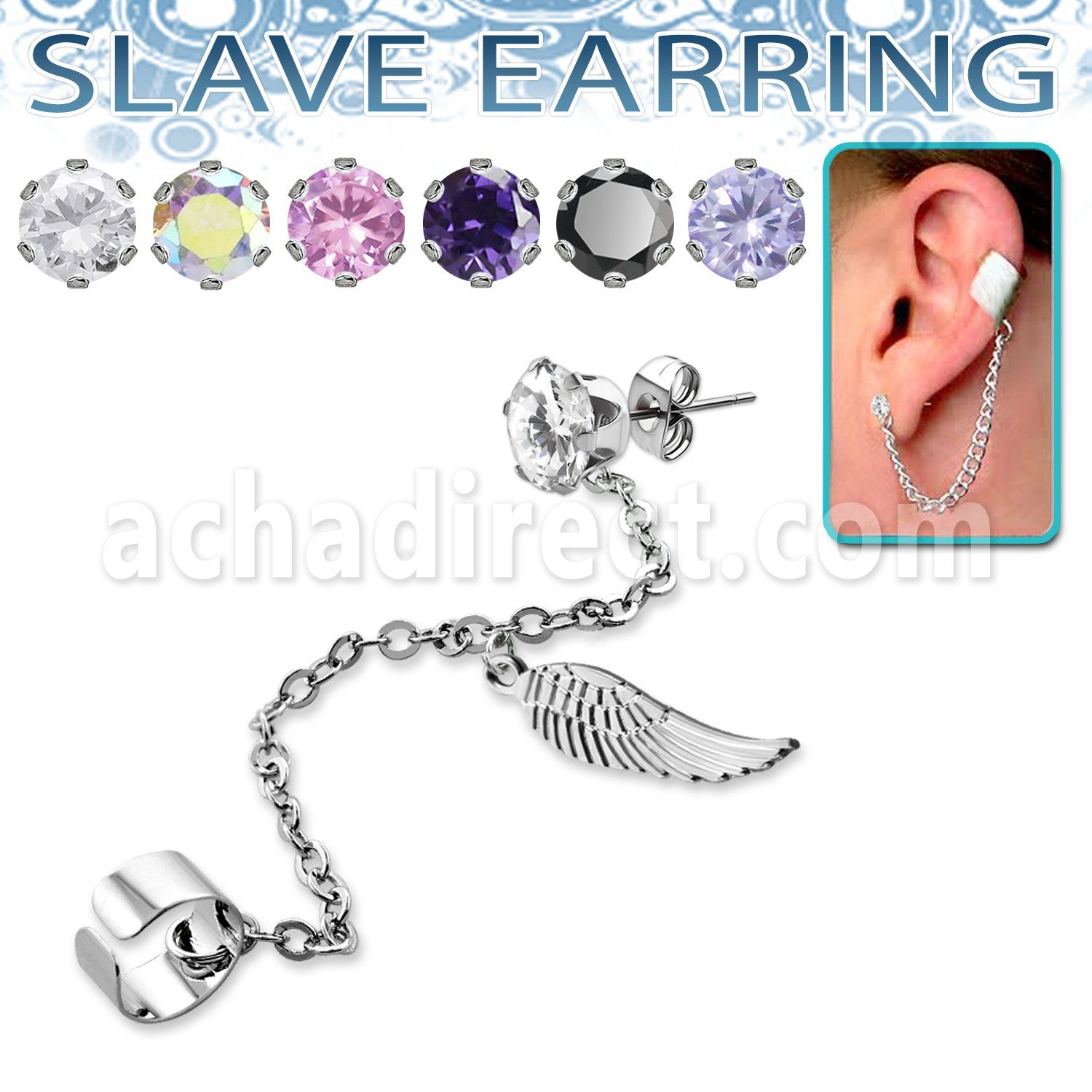 erzdld11 steel slave ear stud w prong cz w dangling bird wing