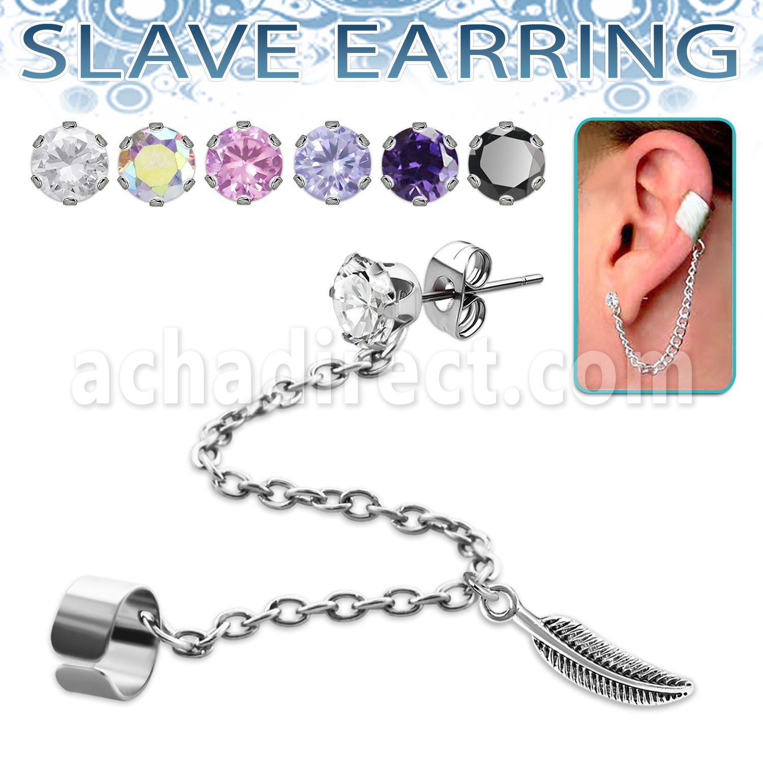 erzdld9 steel slave ear stud w prong cz w dangling feather