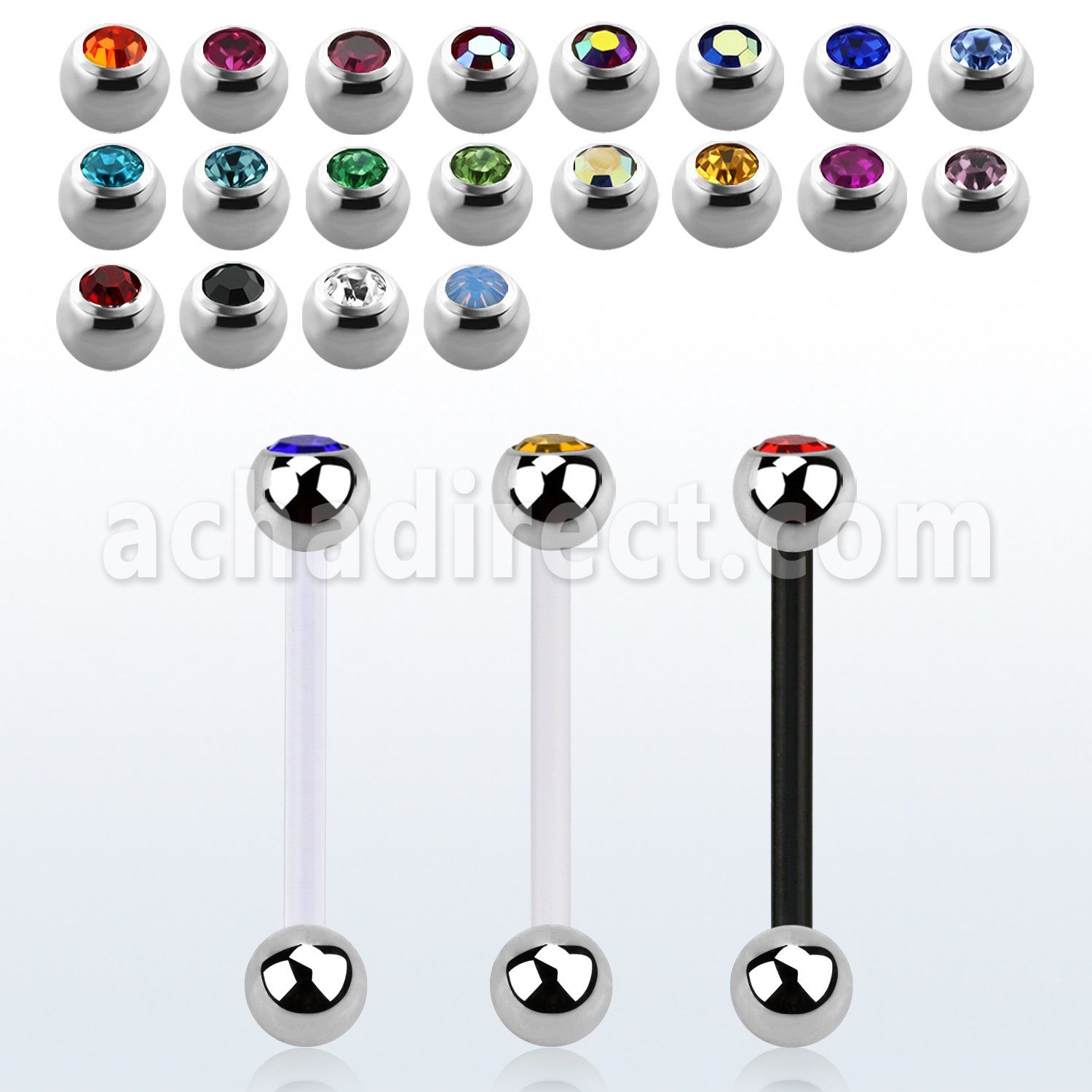 fbbcs bioflex tongue barbell, 14g w 5mm steel jewel top ball