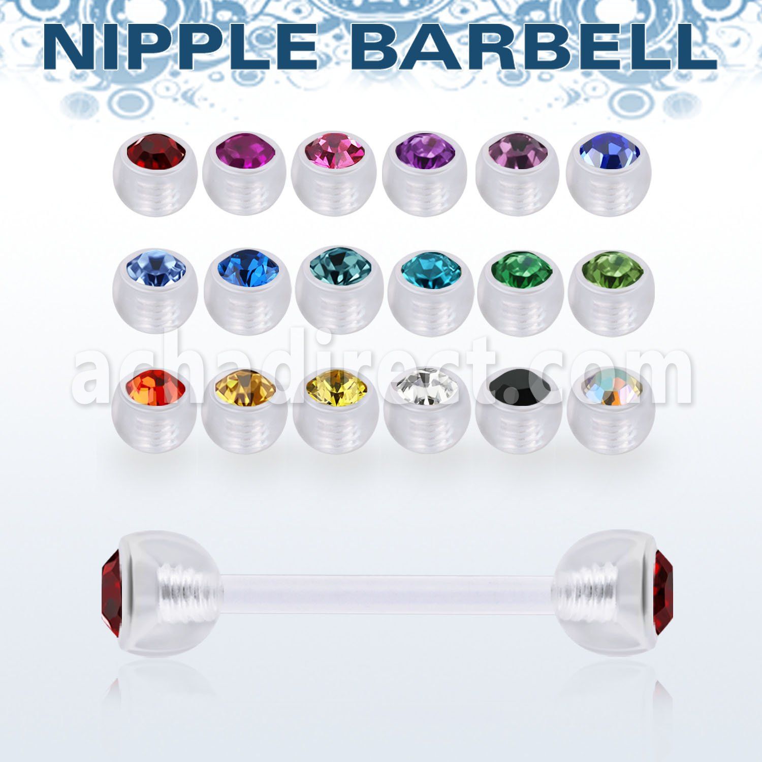 fnpajb6 bioflex nipple barbell, 14g w 6mm bezel set jewel balls