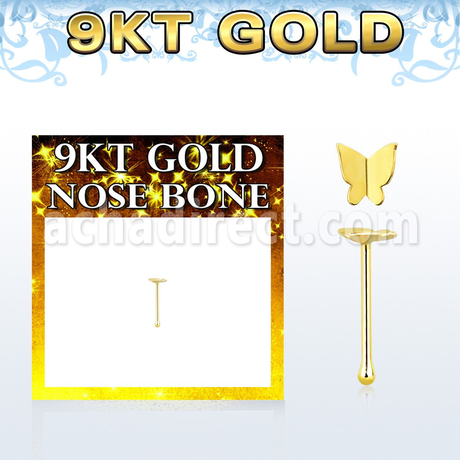 g9bbt2 9kt gold nose bone w a 2.5mm butterfly shaped top