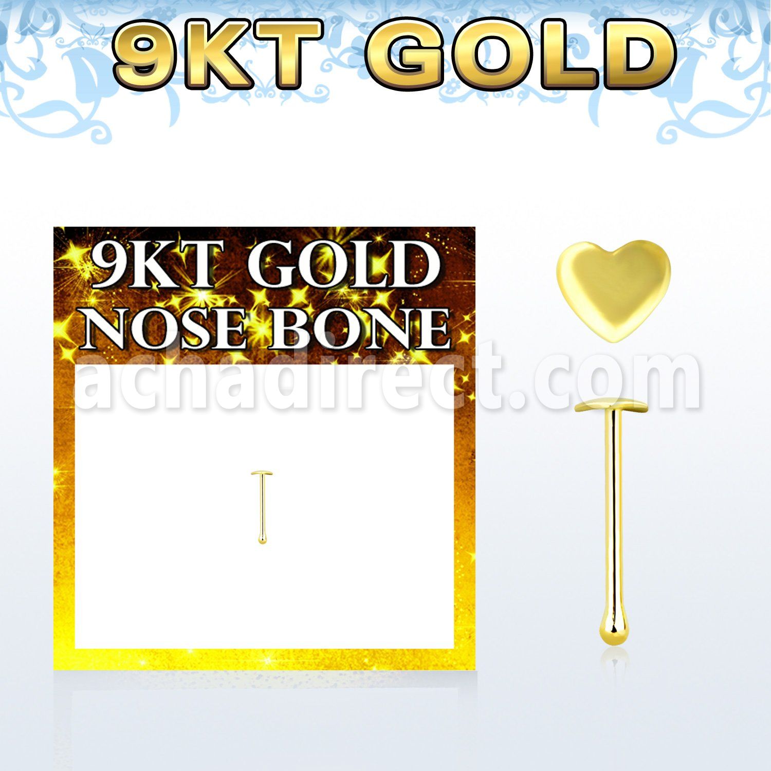 g9bht 9kt gold nose bone w a 2.5mm plain gold heart shaped top