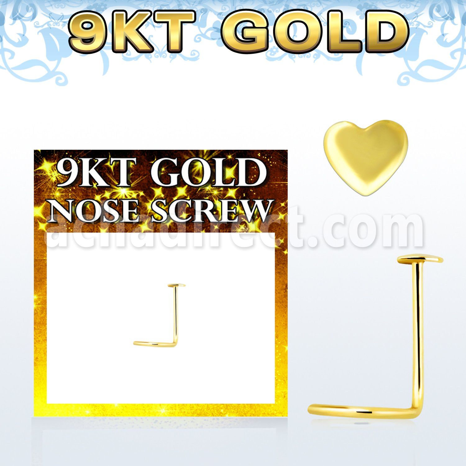 g9sht 9kt gold nose screw w a 2.5mm plain gold heart shaped to