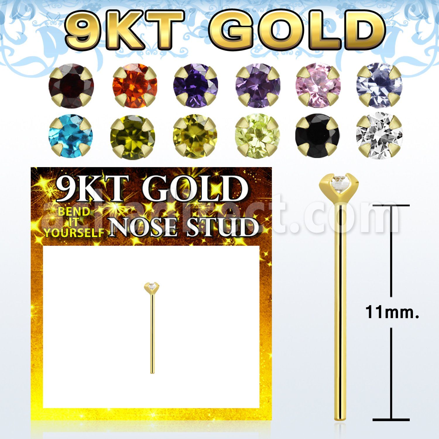 g9yczm1 9kt gold bend it nose stud w 1.5mm round cz stone
