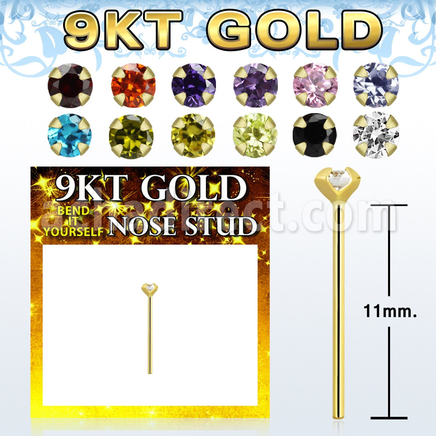 g9yzm1 9kt gold bend it nose stud w 2mm round cz stone