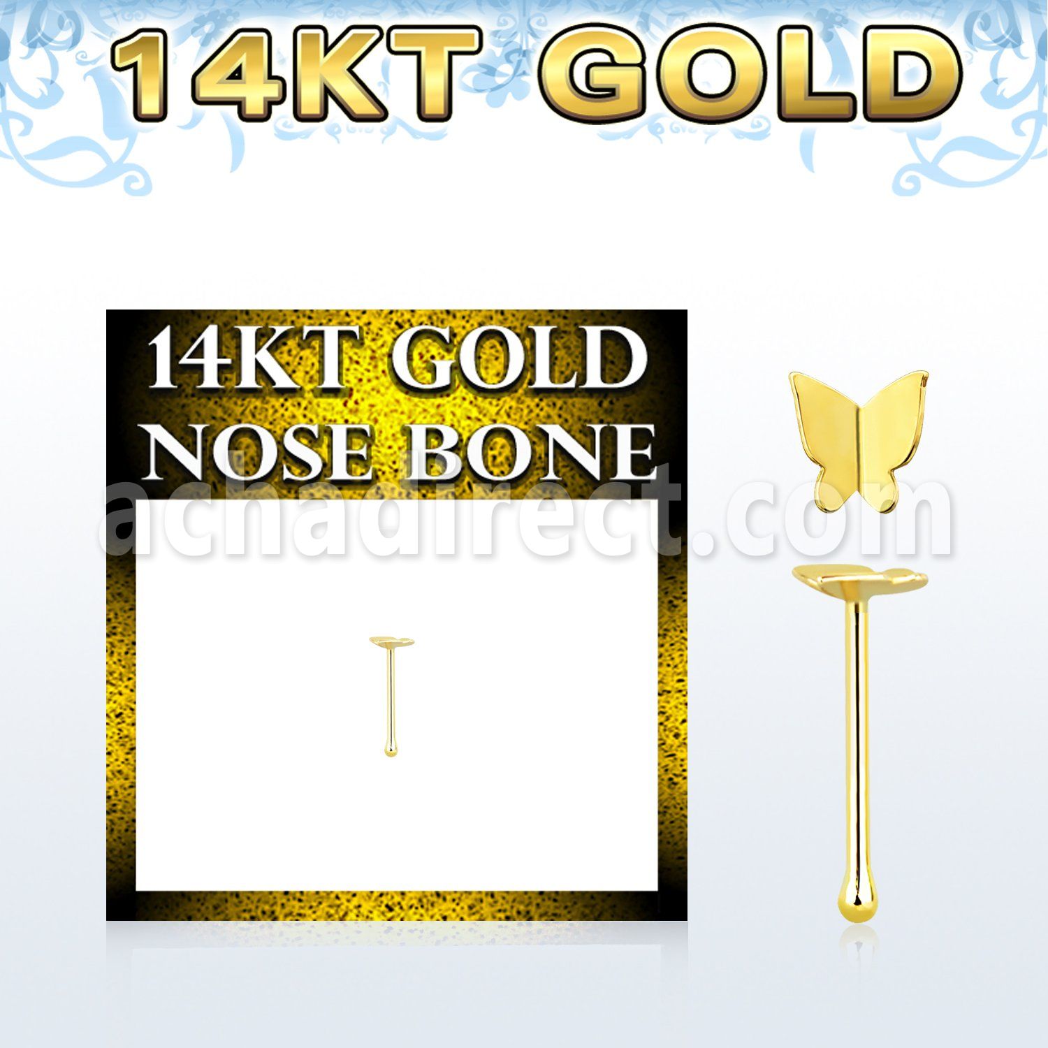 gbbt2 14kt gold nose bone, w plain gold butterfly shaped top