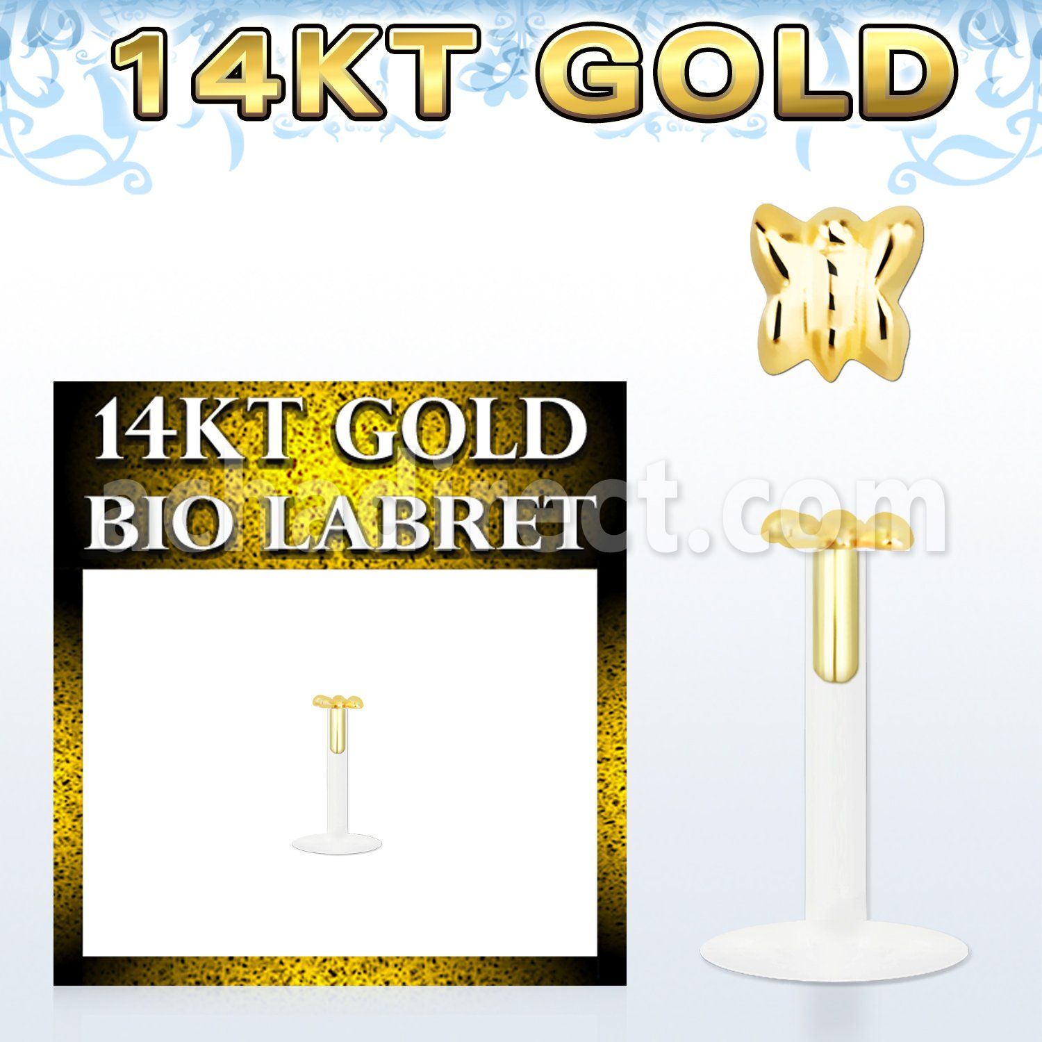 gbibt bio flex labret w 14kt gold clasic butterfly shaped top