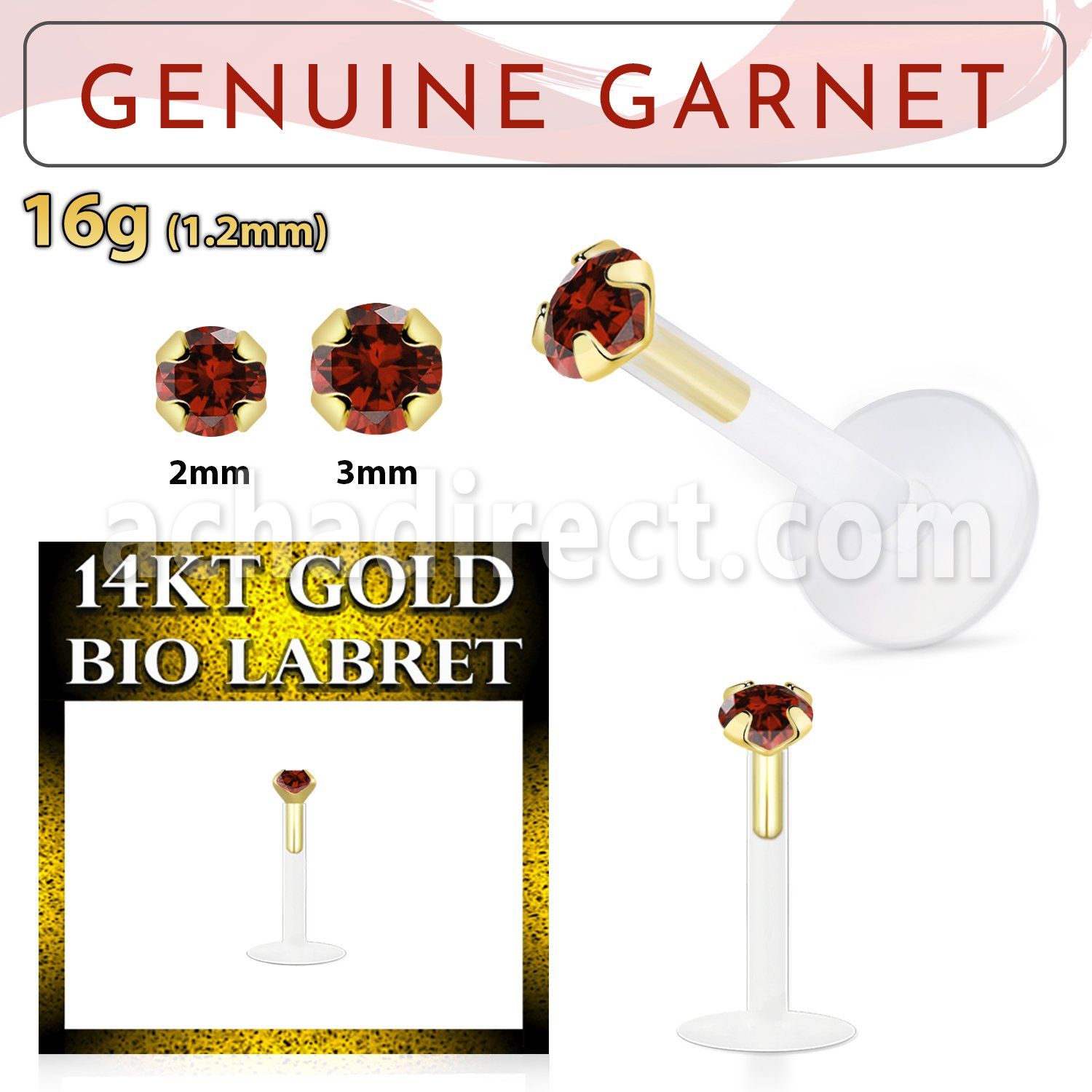 gbige2 bioflex labret with push in 14kt gold w prong garnet