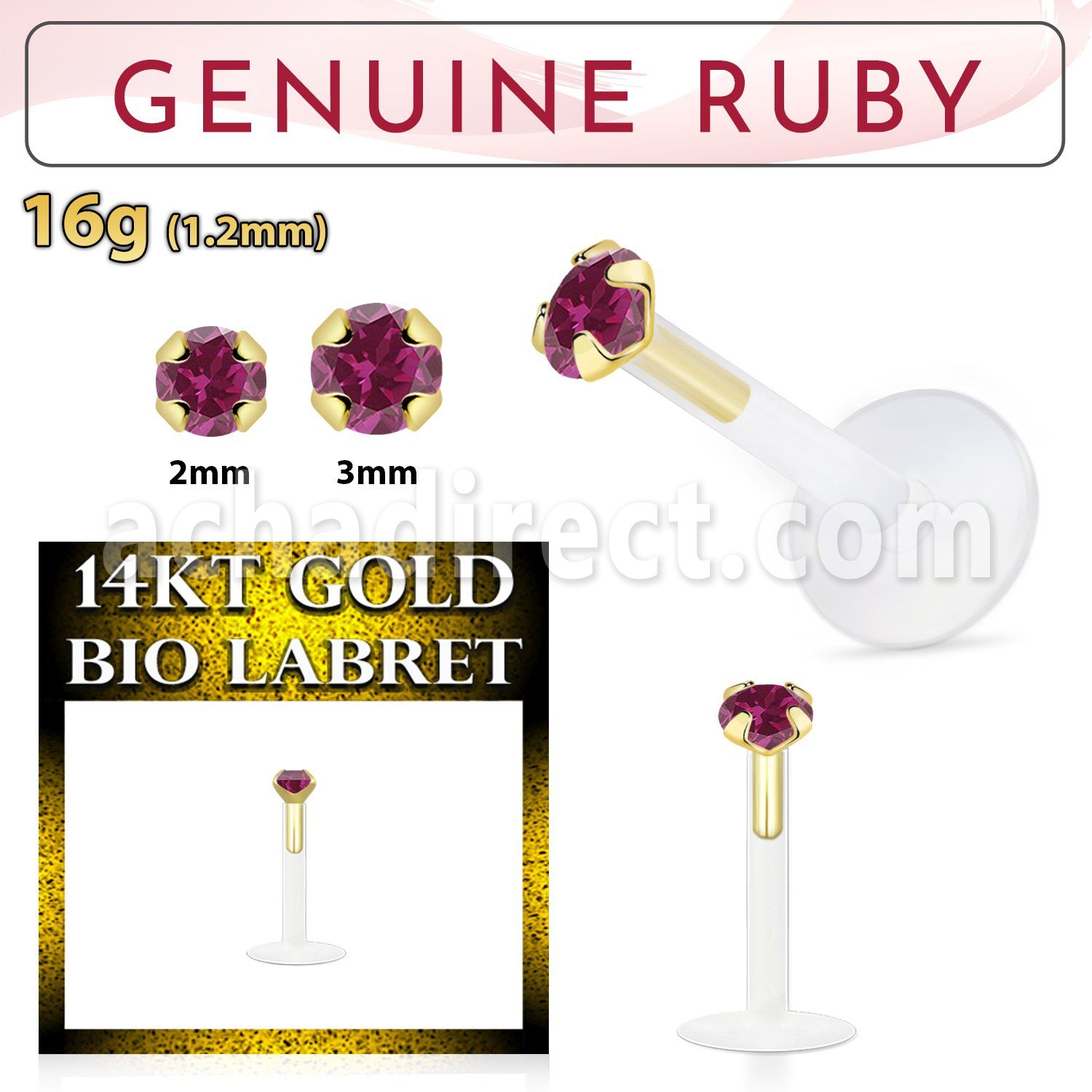 gbige5 bioflex labret with push in 14kt gold w prong set ruby