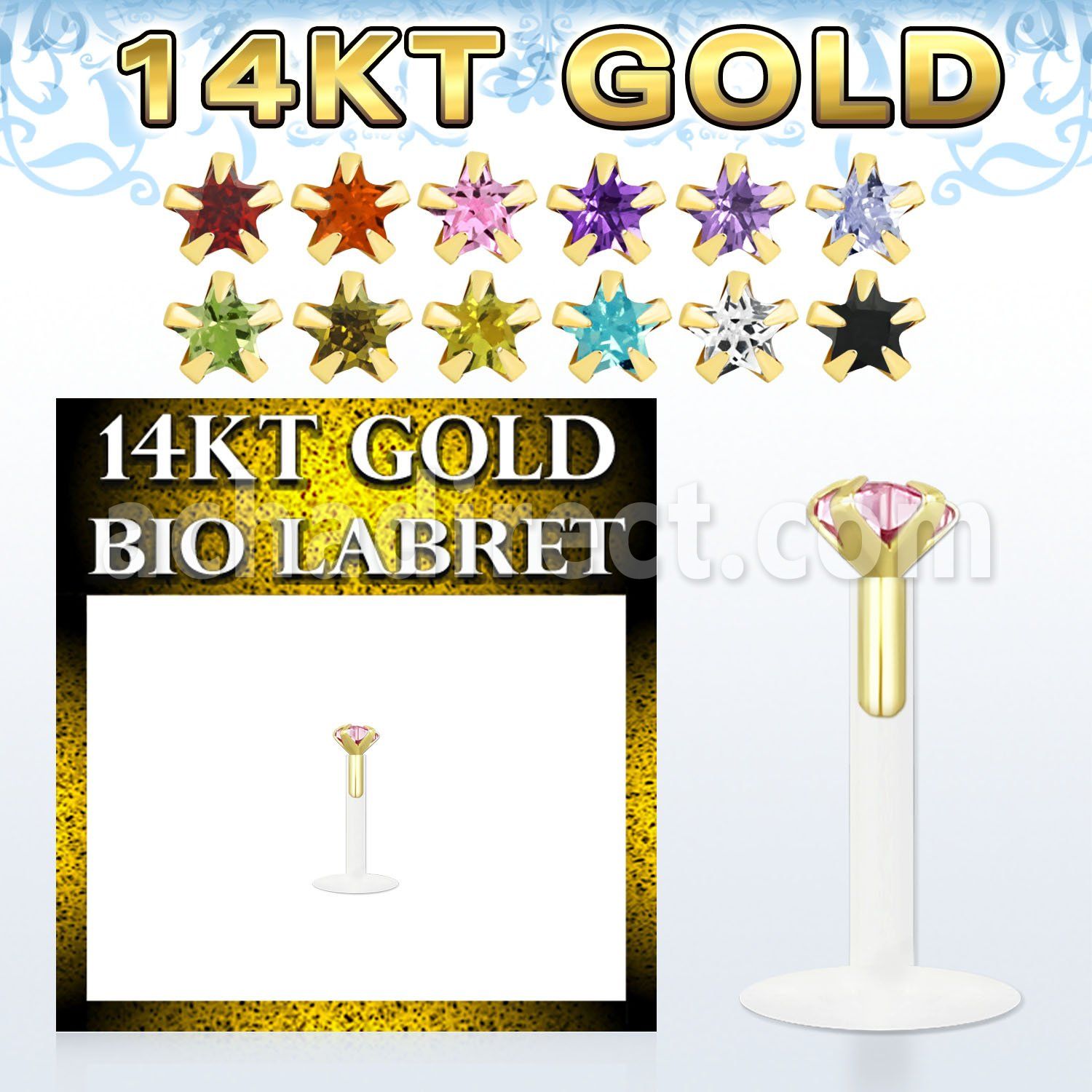 gbizsm bioflex labret with push in gold top w star prong cz