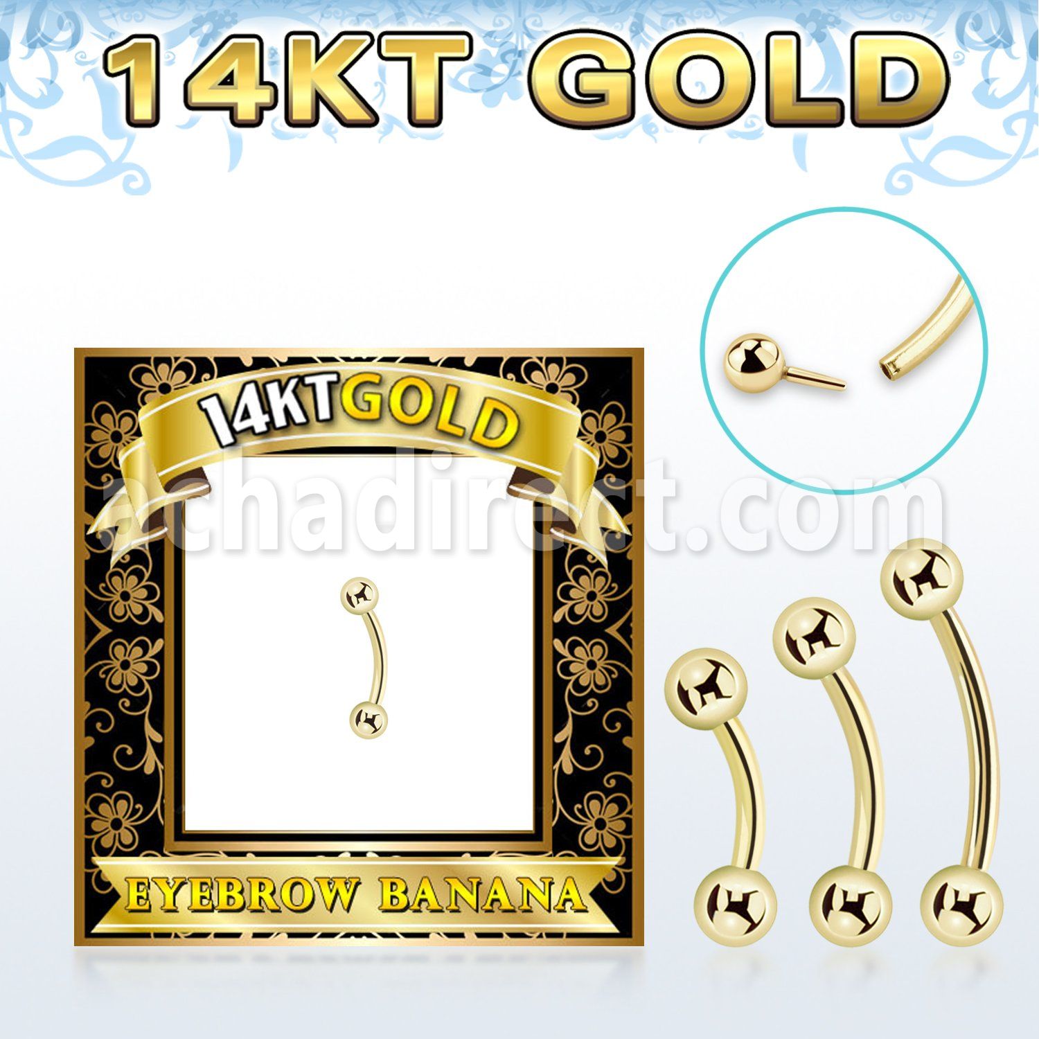 gbnb3 14k gold eyebrow banana w thread less push in 3mm balls