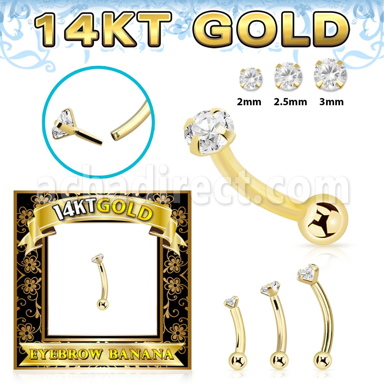 gbnbz 14k gold threadless push pin banana 16g cz ball