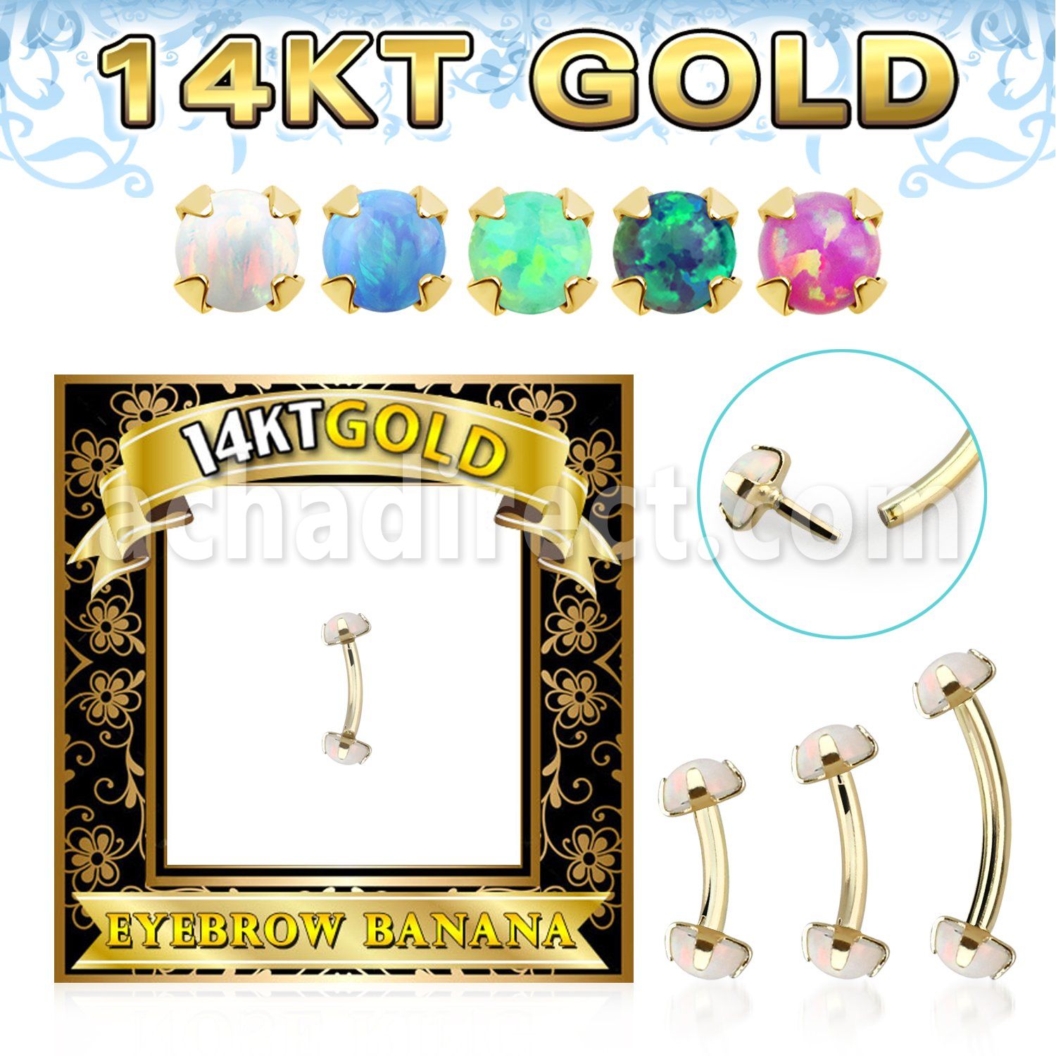 gbno gold eyebrow banana w thread less top w synthetic opal