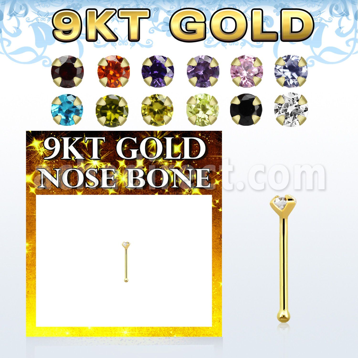 gbzsm9 9kt gold nose bone with 1.5mm round prong set cz stone