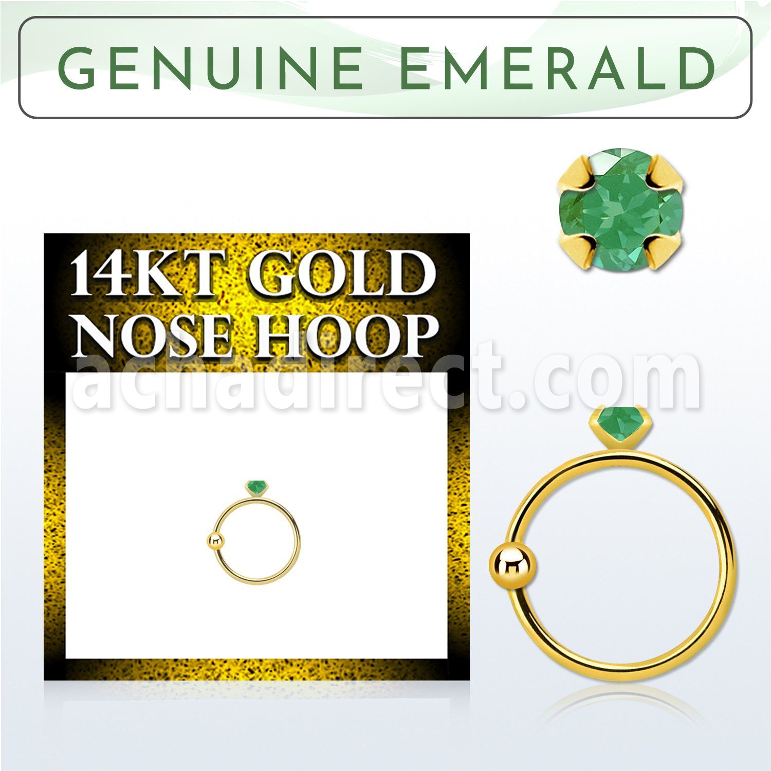 ghge10 14kt gold nose hoop w a 2mm prong set emerald stone