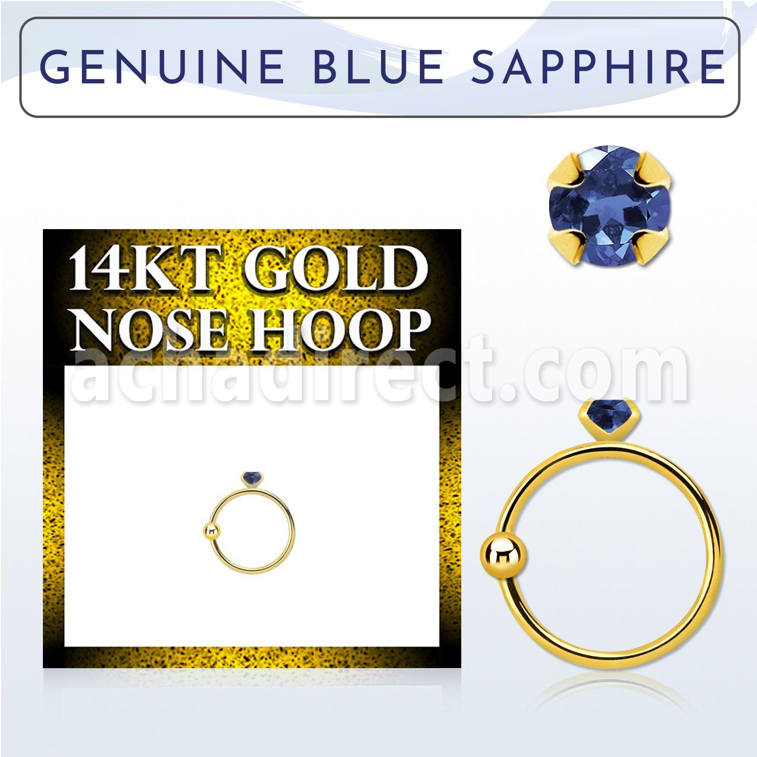 ghge9 14kt gold nose hoop w a 2mm prong set blue sapphire