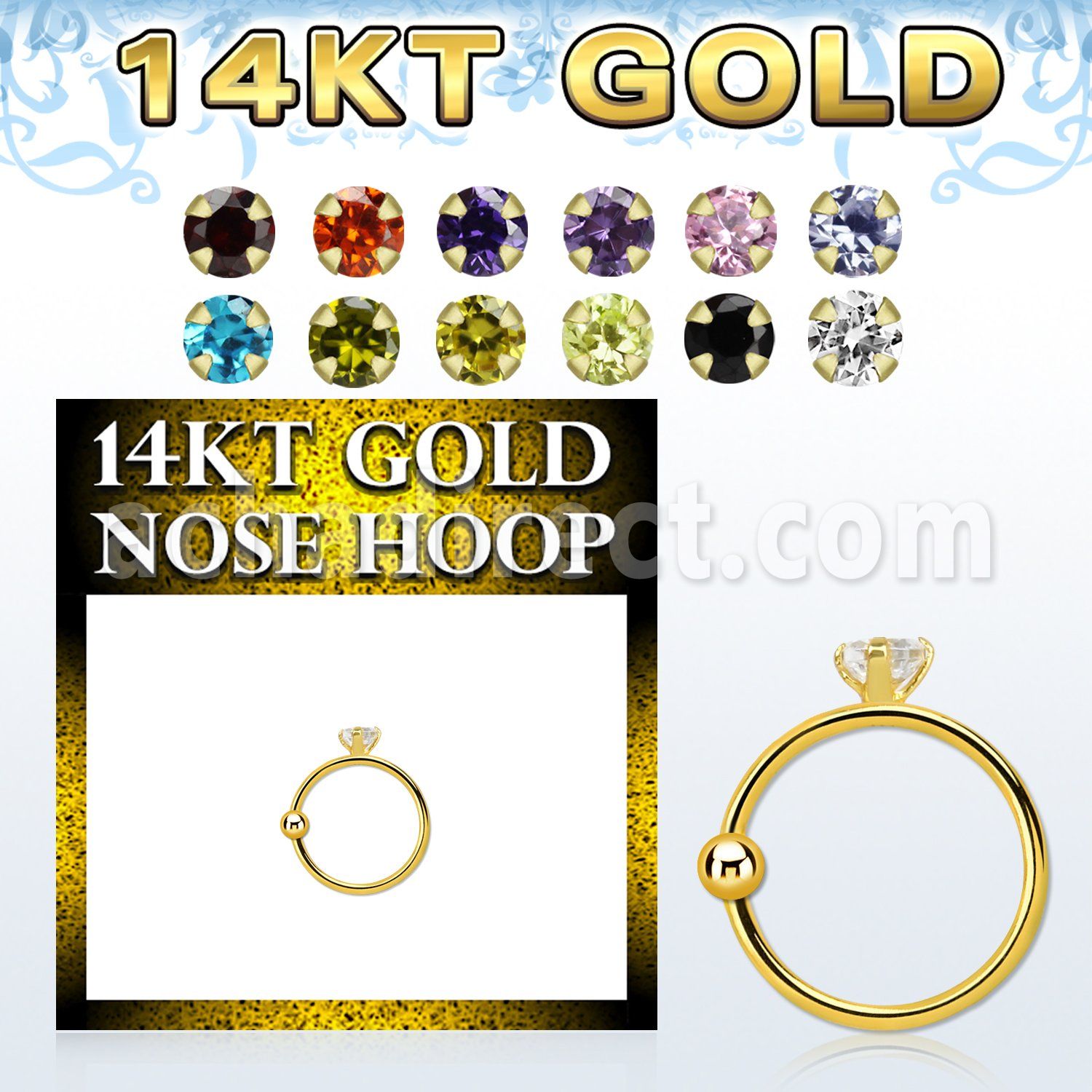 ghz2 14kt gold nose hoop w a 2mm prong set round cz