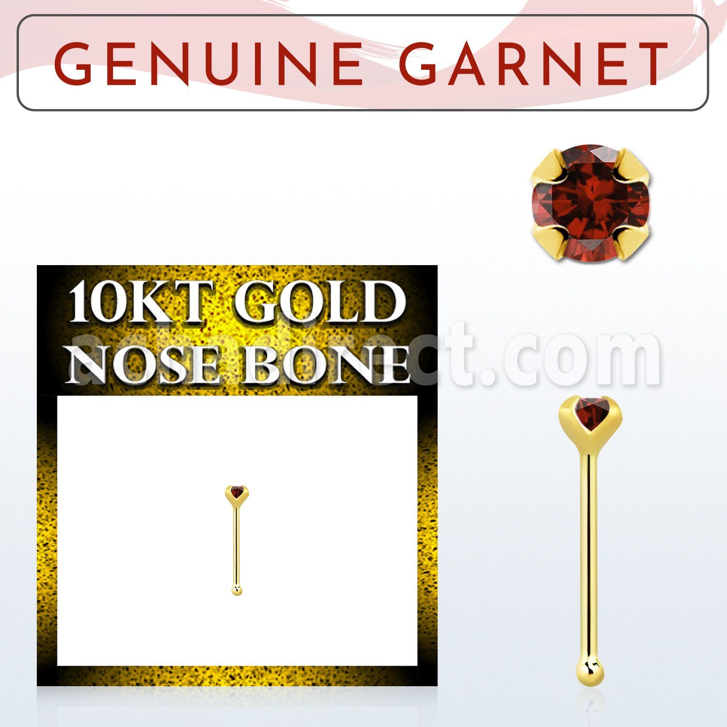 ginbge2 10kt gold nose bone with a 2mm prong set garnet