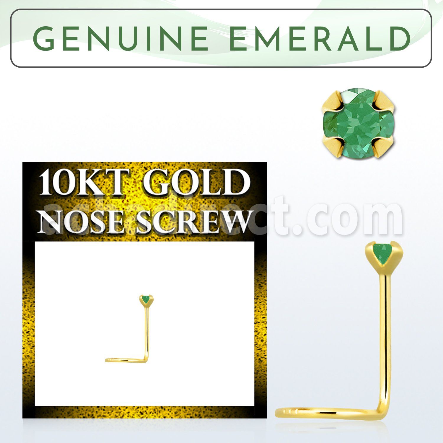 giscge10 10kt gold nose screw with a 2mm prong set emerald stone