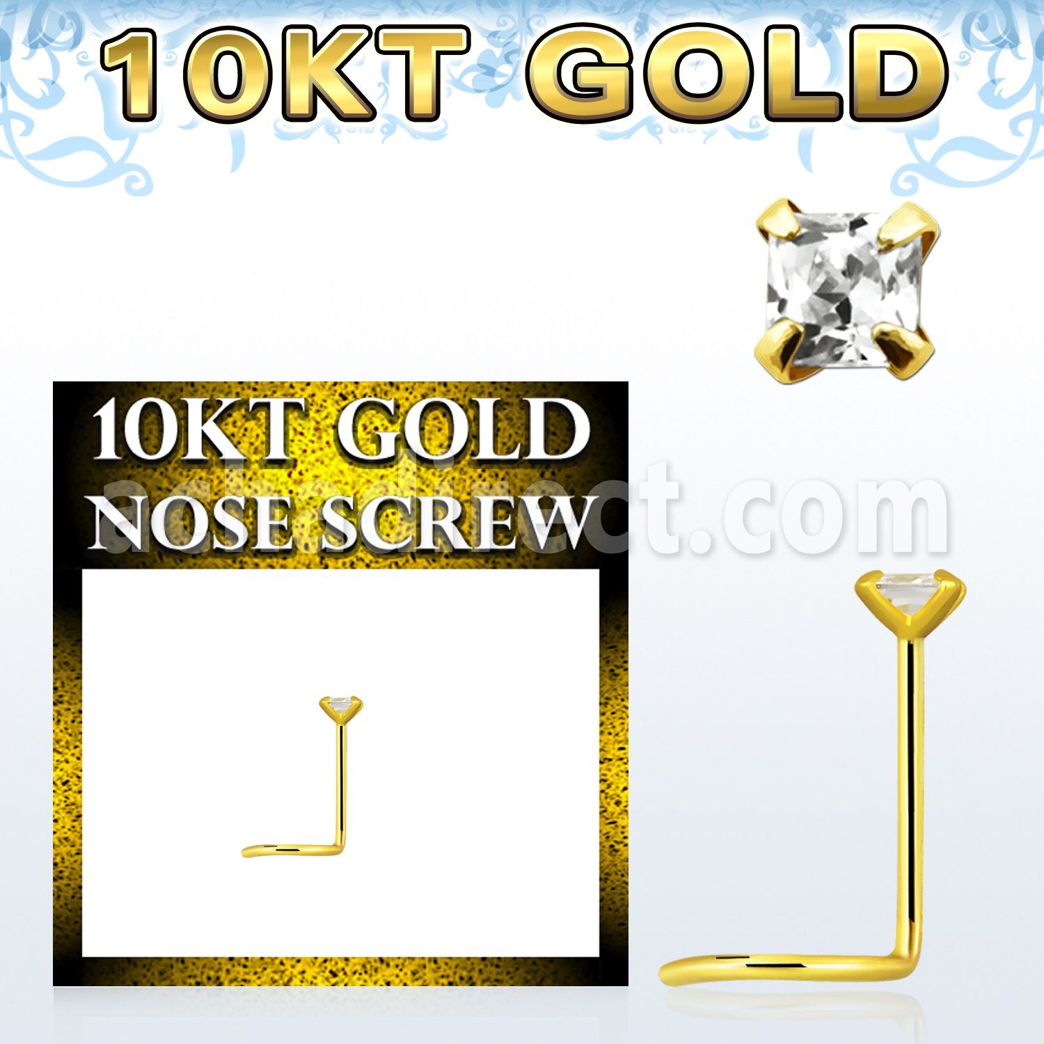 giszqm1 10kt gold nose screw, w 2mm square cz stone