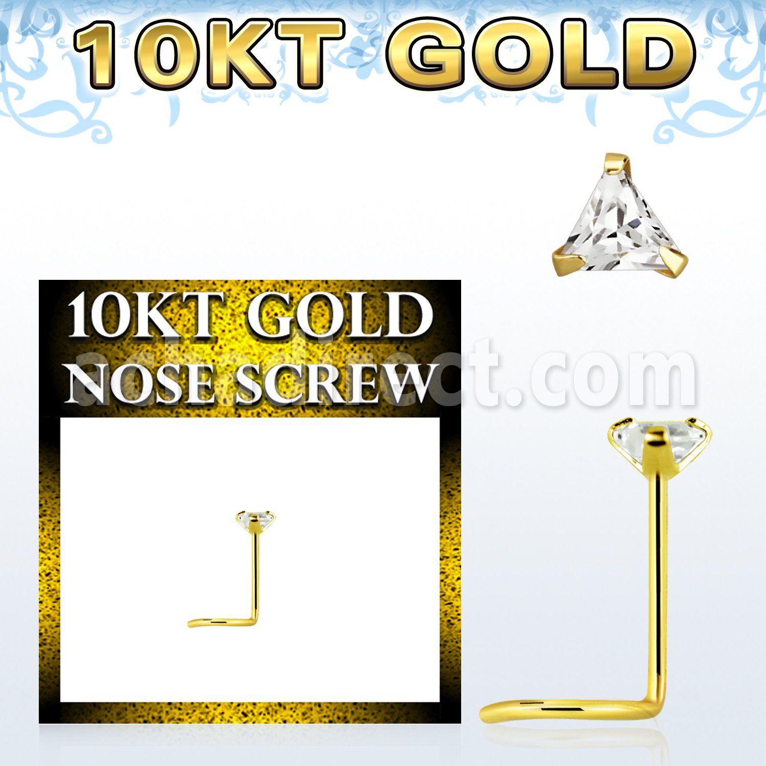 gisztm1 10kt gold nose screw, w 3mm triangle cz stone