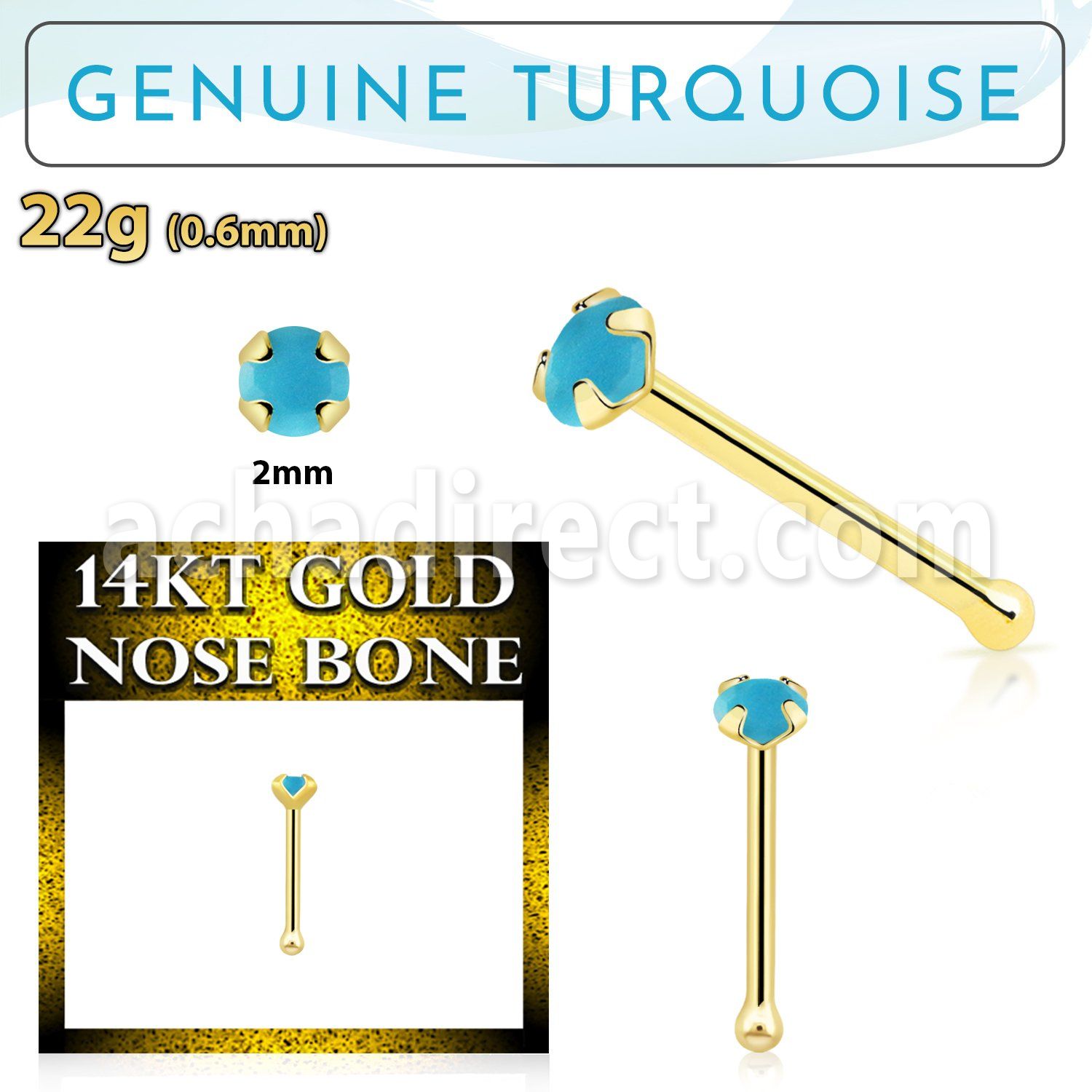 gnbge7 14kt gold nose bone w 2mm prong set turquoise stone