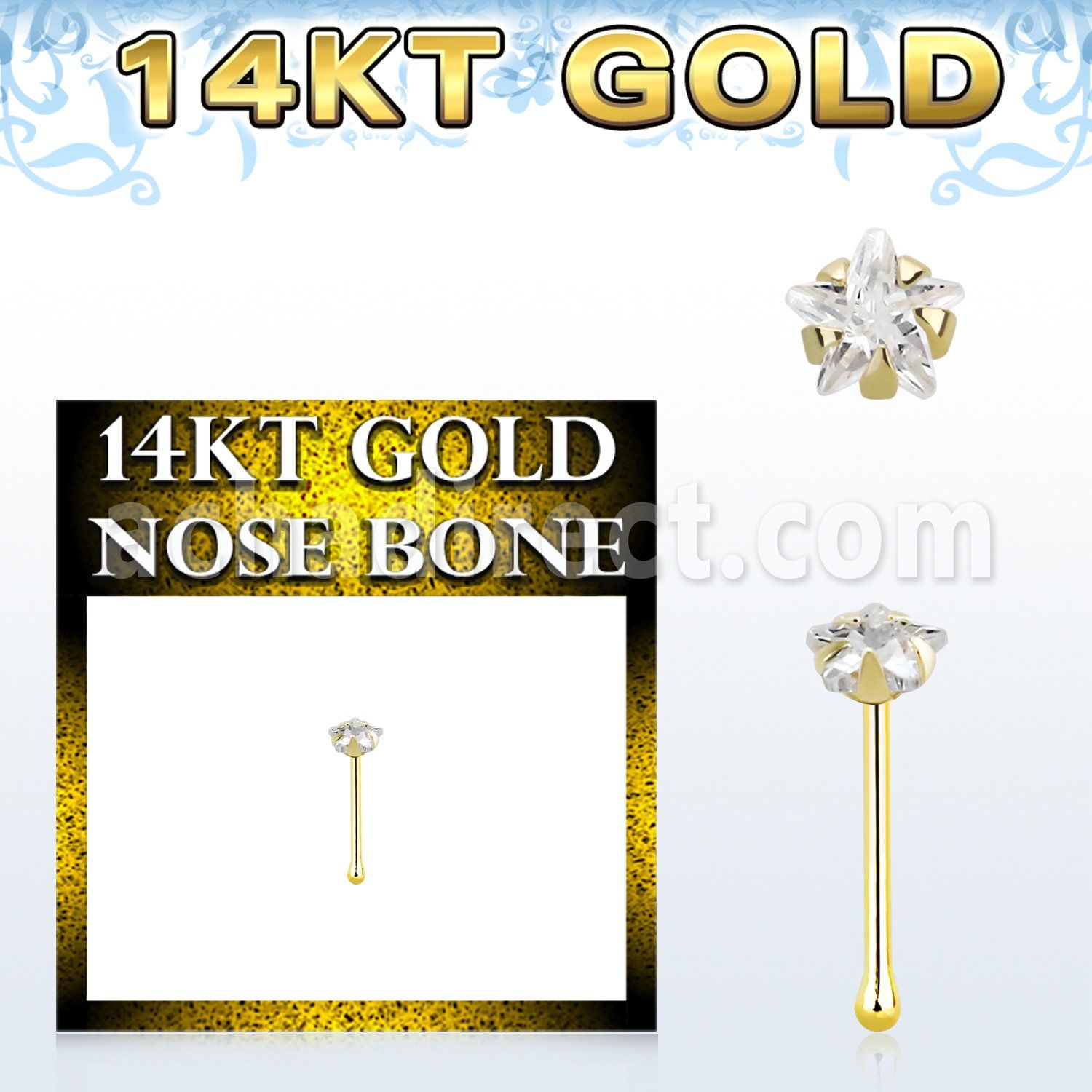 gnbsrm1 14k gold nose bone 3mm prong set star cubic zirconia (cz) stone