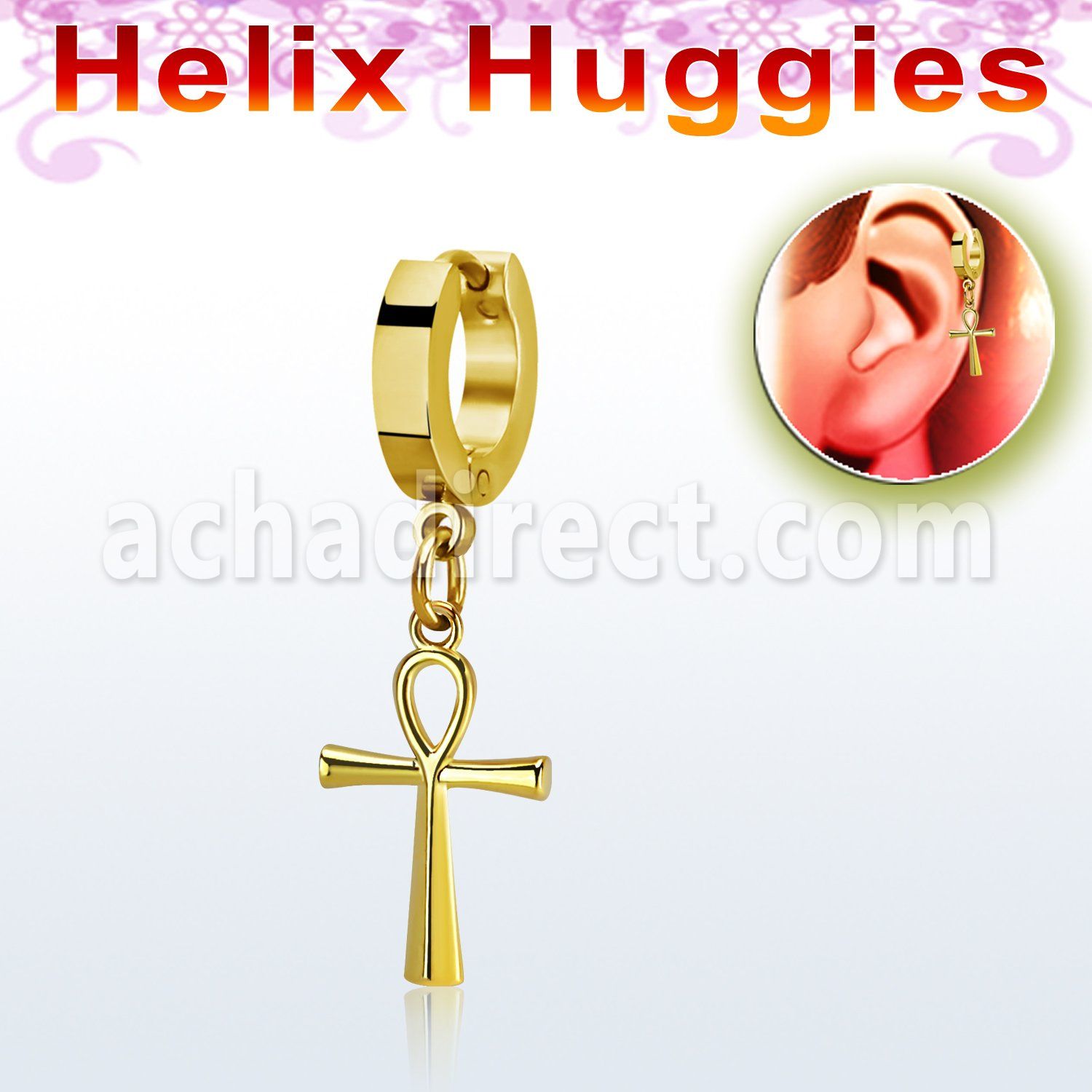 gold stainless steel helix huggie earring w ankh cross
